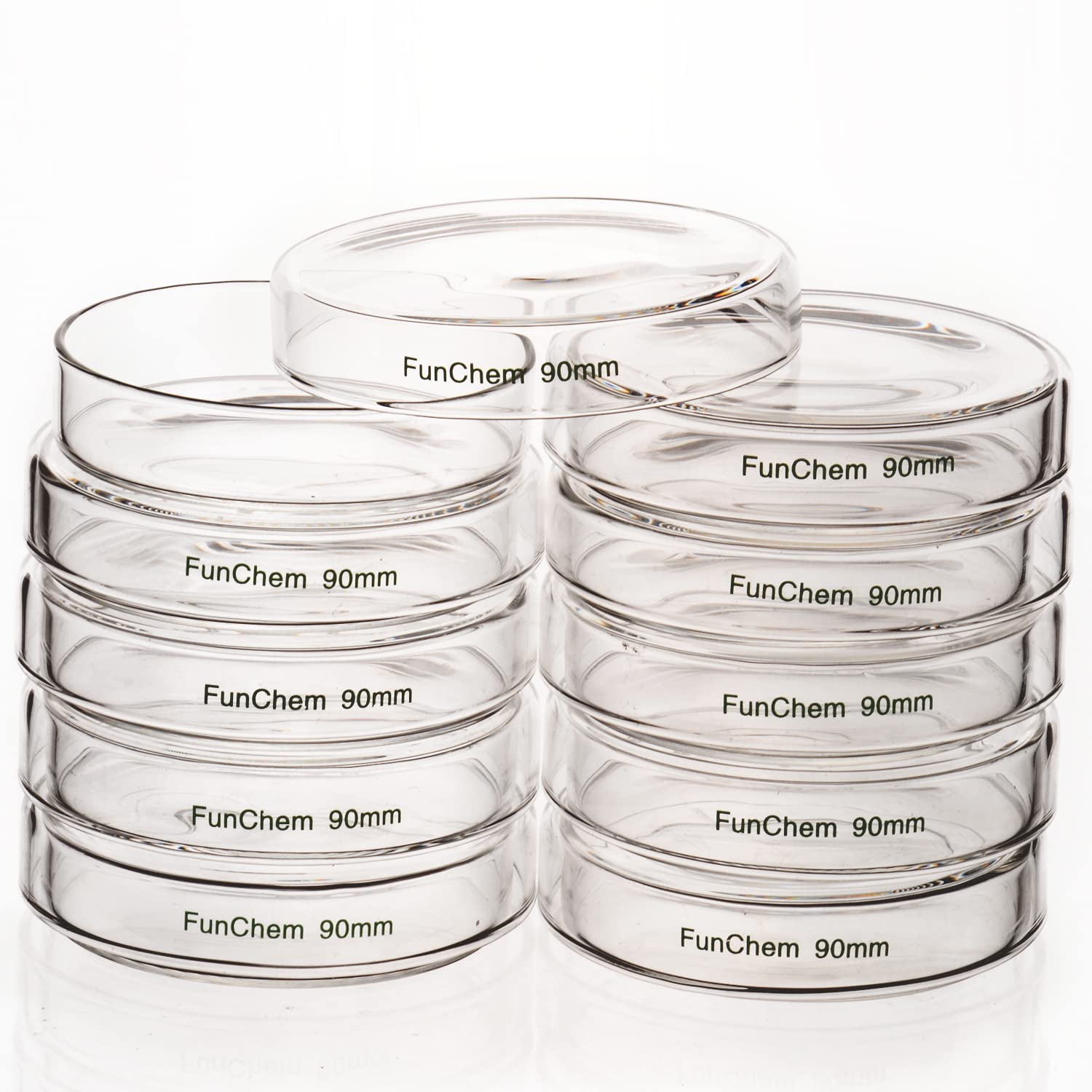 FunChem Autoclavable Glass Petri Dishes - 90x20mm Lab-Grade Cell Culture Dishes with Clear Lid (Pack of 10) - Ideal for Microbiology Experiments, Bacterial Culturing & Scientific Research