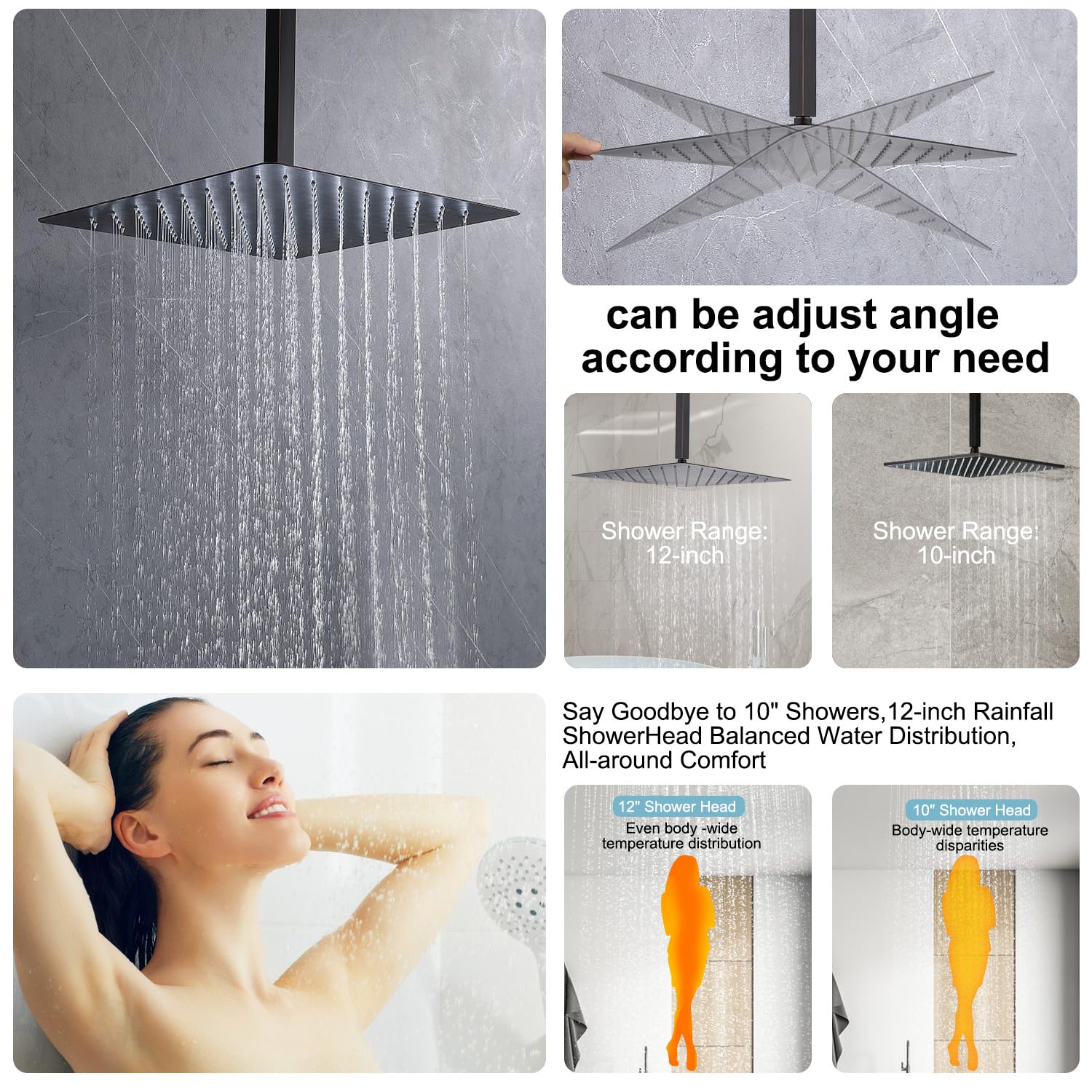 Enga Oil Rubbed Bronze Rain Shower System with Body Spray - 12 Inch Ceiling Rainfall Shower Faucet Complete Kit with 3-Way Diverter Valve | Luxury Bathroom Upgrade for Spa-Like Experience