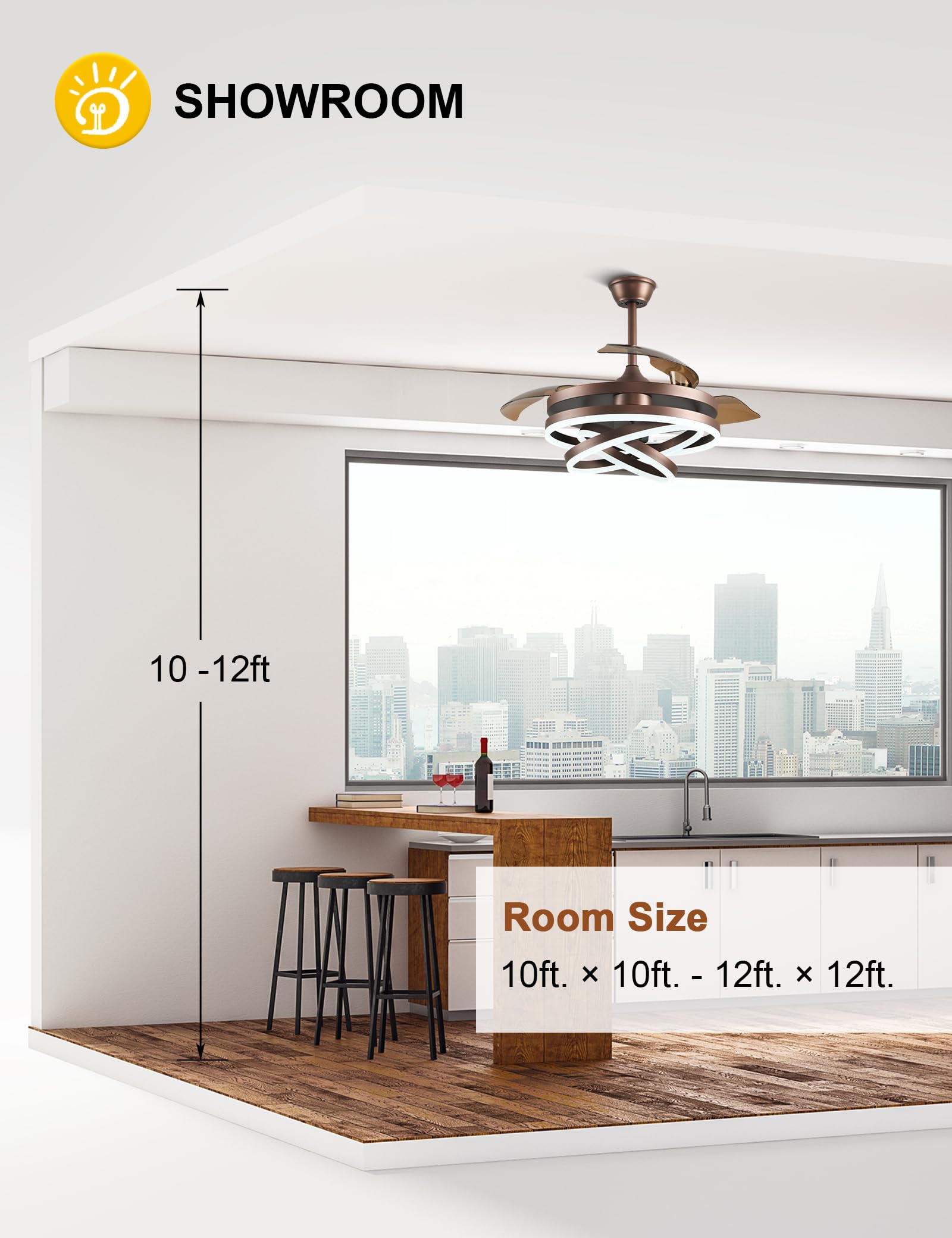42 Inch Retractable Ceiling Fan with Remote Control - Modern DC Motor Silent Ceiling Fan with Adjustable LED Color Lighting, 6 Speed Settings & Retractable Blades (Brown) - Perfect for Living Room, Bedroom and Office Spaces