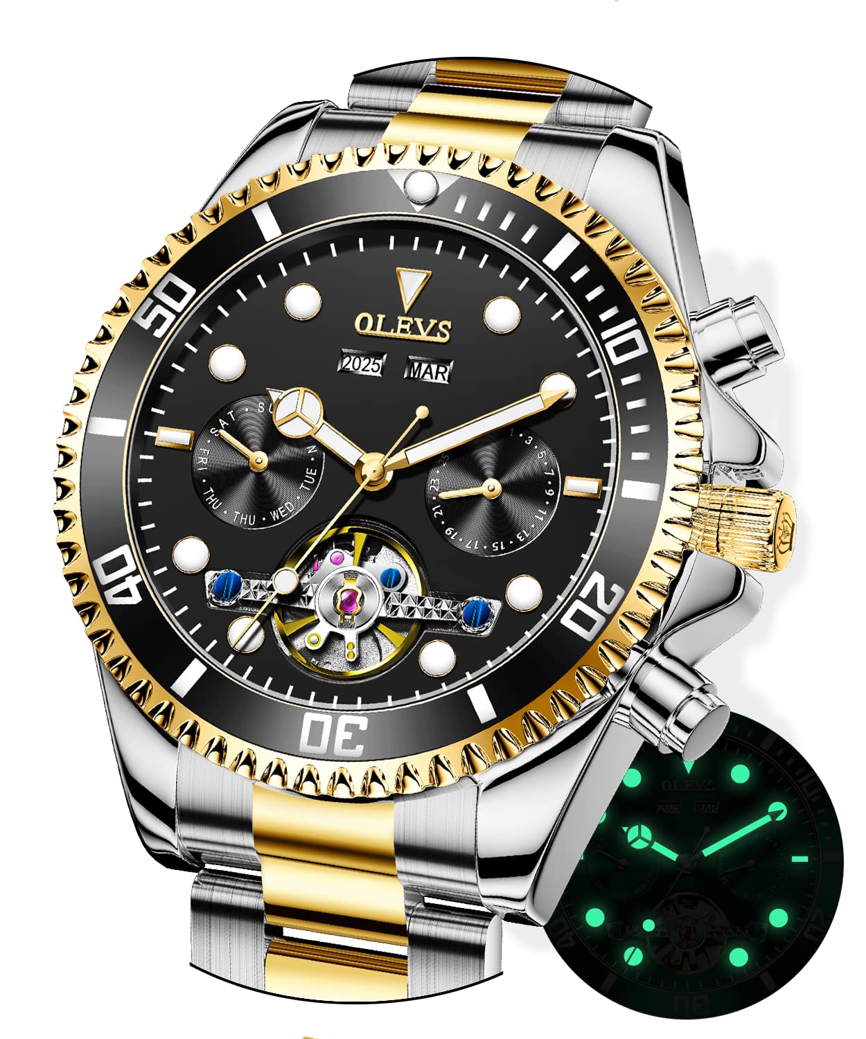 OLEVS Men's Automatic Mechanical Watch - Self-Winding Tourbillon Skeleton Design, Waterproof & Luminous Date Display - Perfect for Business, Formal Events & Everyday Wear