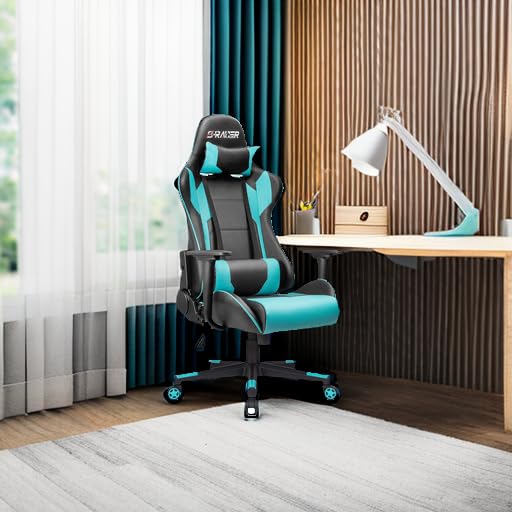 Homall Ergonomic Gaming Chair - High Back Office Chair with Adjustable Headrest & Lumbar Support, Leather Computer Desk Chair for Racing, Executive & Home Use (Cyan) - Perfect for Gaming, Working & Relaxing