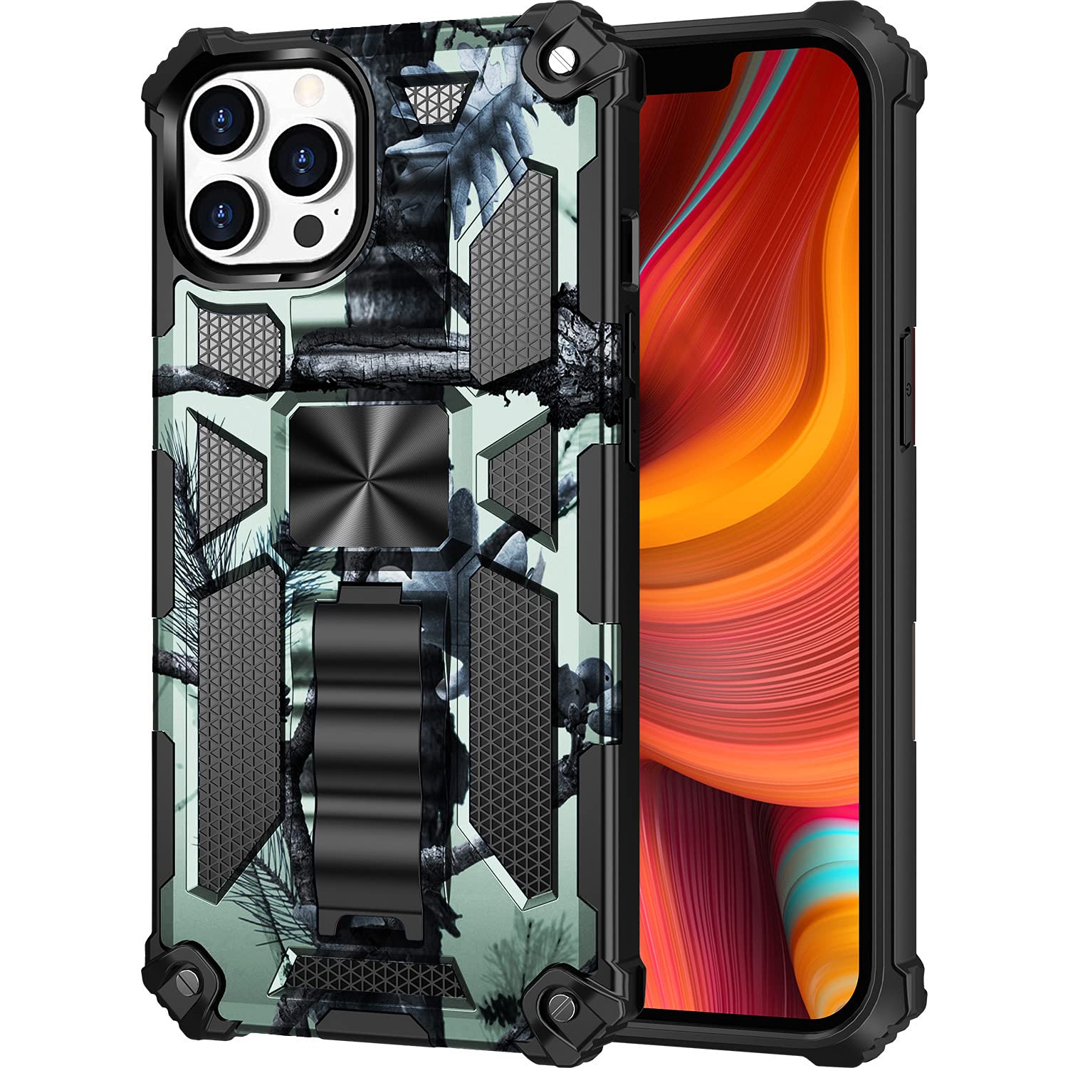 CCSmall Camouflage iPhone 13 Pro Max Case - Military Grade Shockproof Cover with Magnetic Kickstand (Mint Green) | Perfect for Outdoor Adventures & Daily Protection