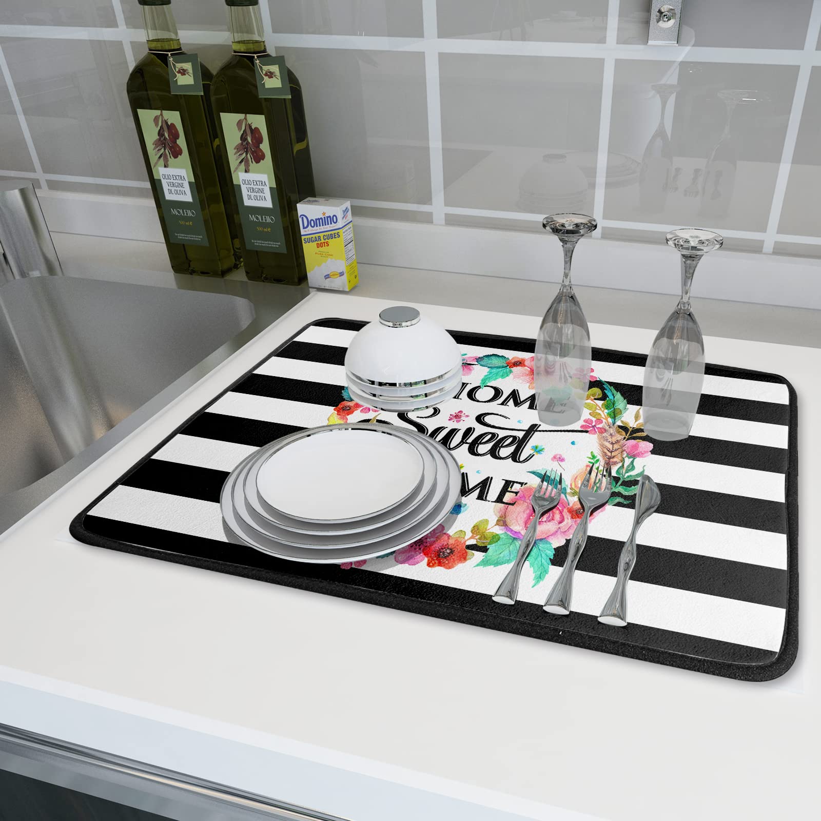 16x18 Inch White and Black Striped Dish Drying Mat - Absorbent Fast Dry Kitchen Accessories for Dishes, Utensils | Perfect for Kitchen Countertops, Sink Areas & Home Decor