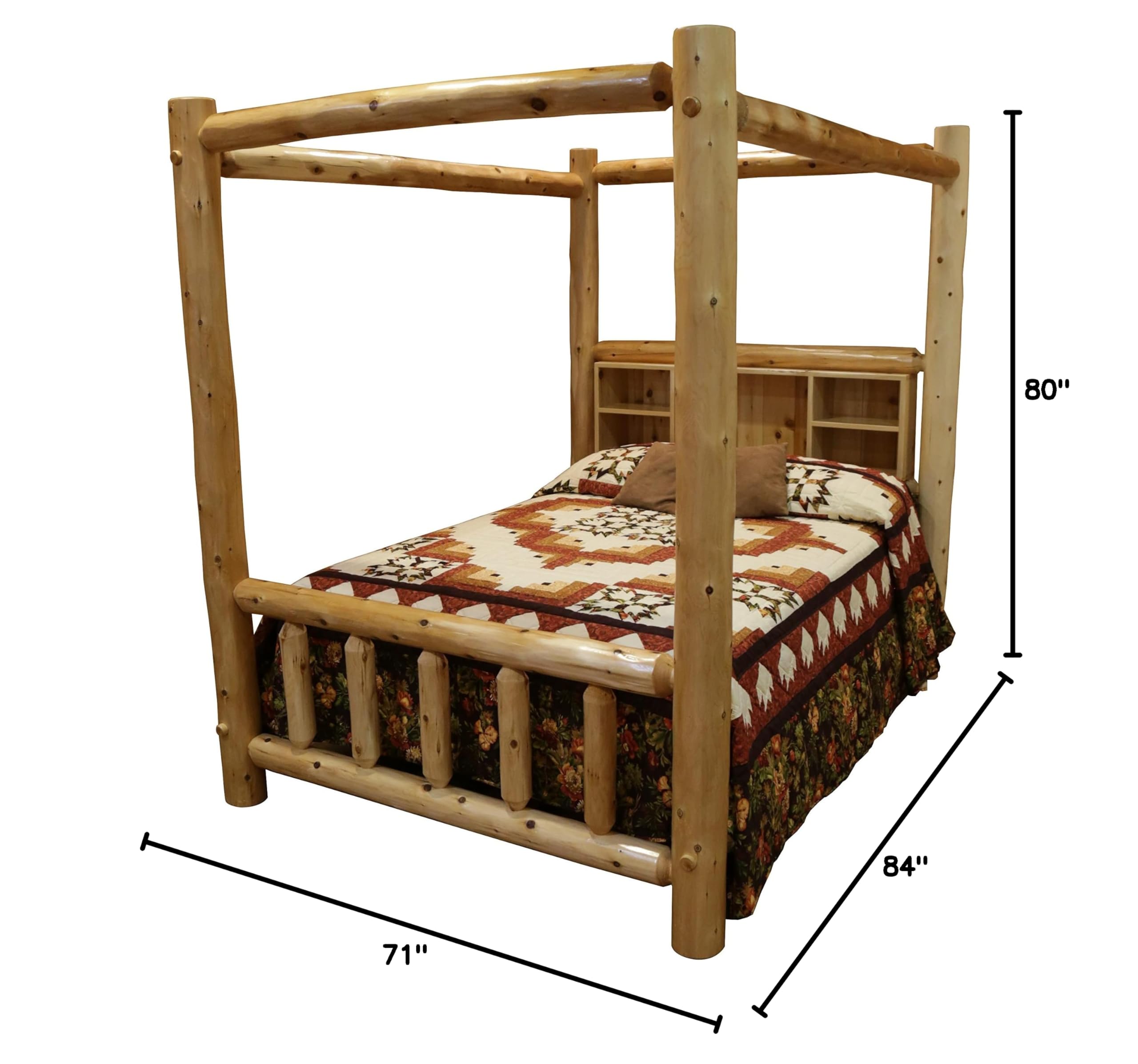 White Cedar Log Queen Canopy Bookshelf Bed by Furniture Barn USA - Rustic Bedroom Furniture for Cozy Cabin & Farmhouse Decor