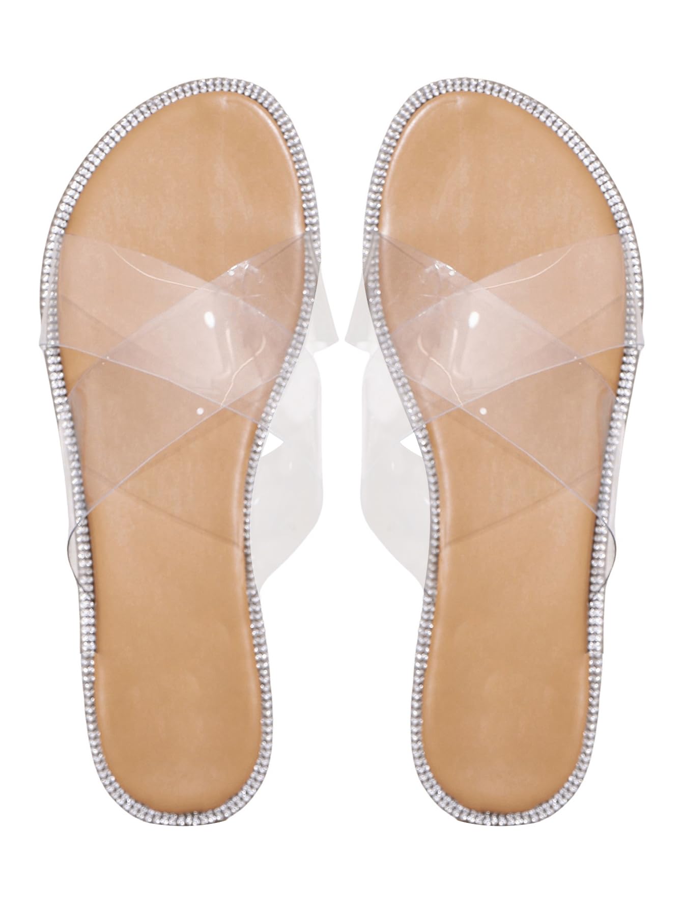 GORGLITTER Rhinestone Clear Sandals for Women - Cross Strap Flat Sandals with Open Toe - Sparkly Fancy Beach Wedding Party Shoes - Perfect for Summer, Vacation, and Special Occasions
