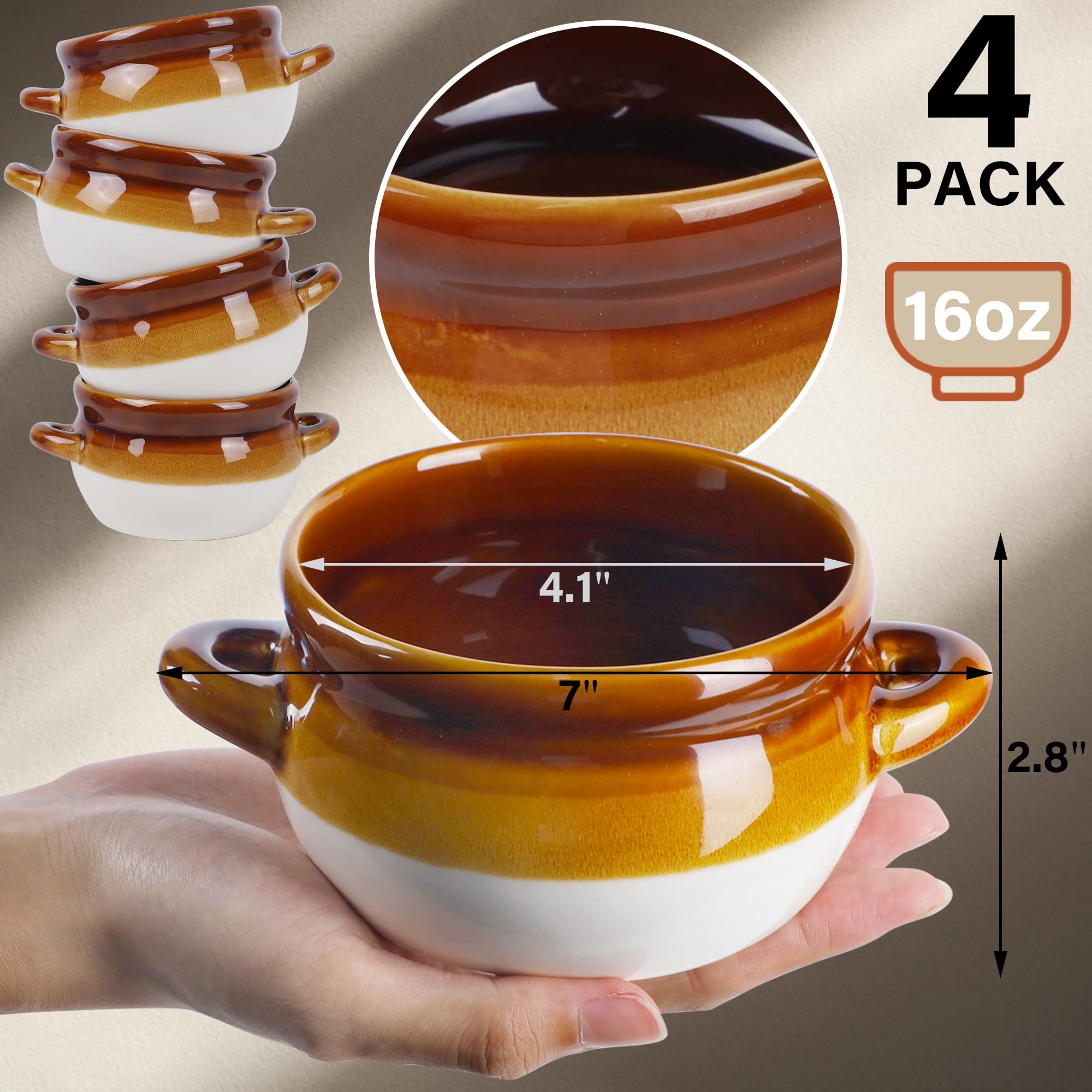 4-Pack 16 Oz French Onion Soup Crocks - Oven Safe Ceramic Bowls with Handles for Baking, Serving & Entertaining - Perfect for French Onion Soup, Casseroles & Desserts