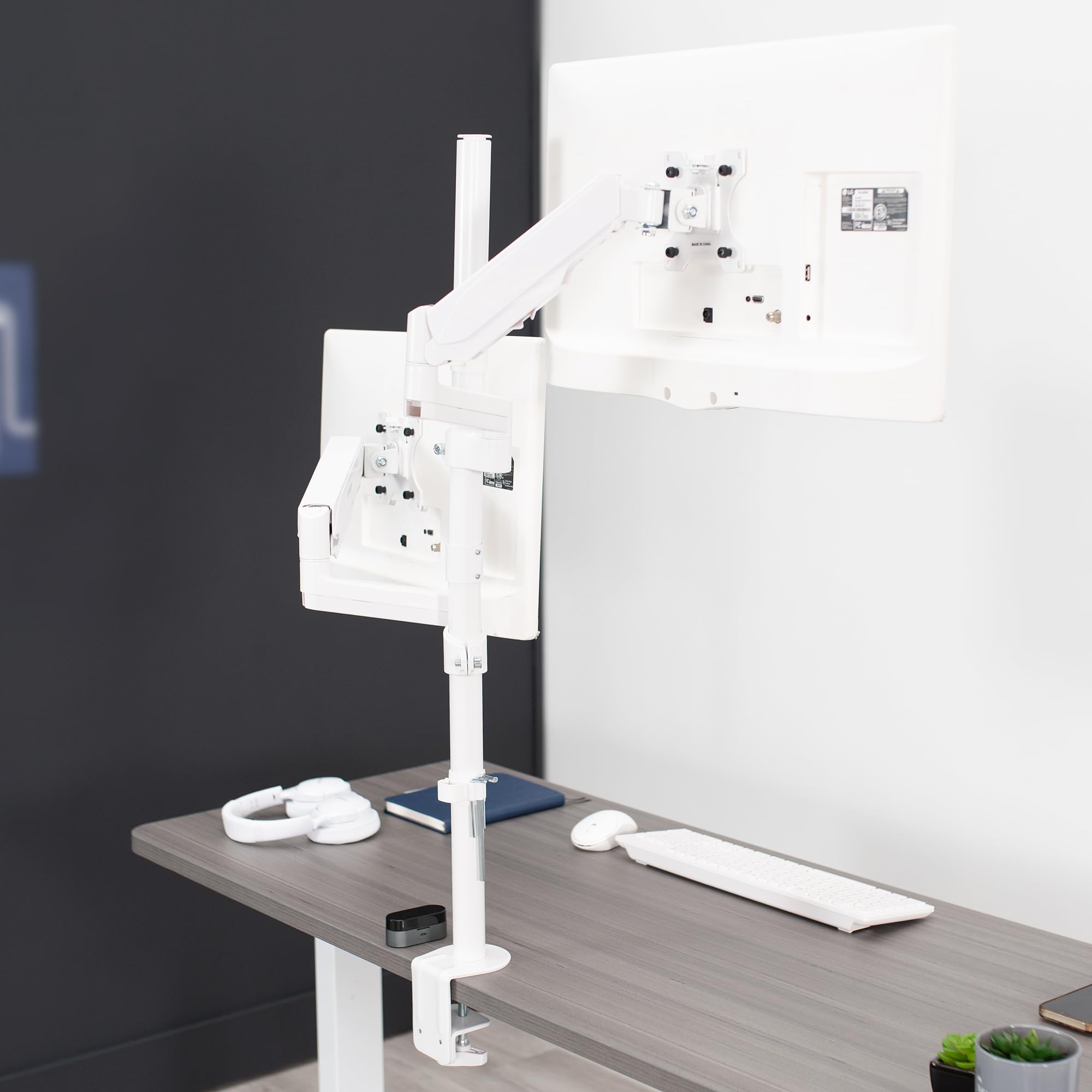 VIVO Dual Monitor Arm Stand for 32 inch Screens - Extra Tall Pneumatic Height Adjustable Heavy Duty VESA Mount with Full Motion Articulation, C-Clamp & Grommet Base (White, STAND-V012KW) - Perfect for Home Office, Gaming Setup & Workspace Ergonomics