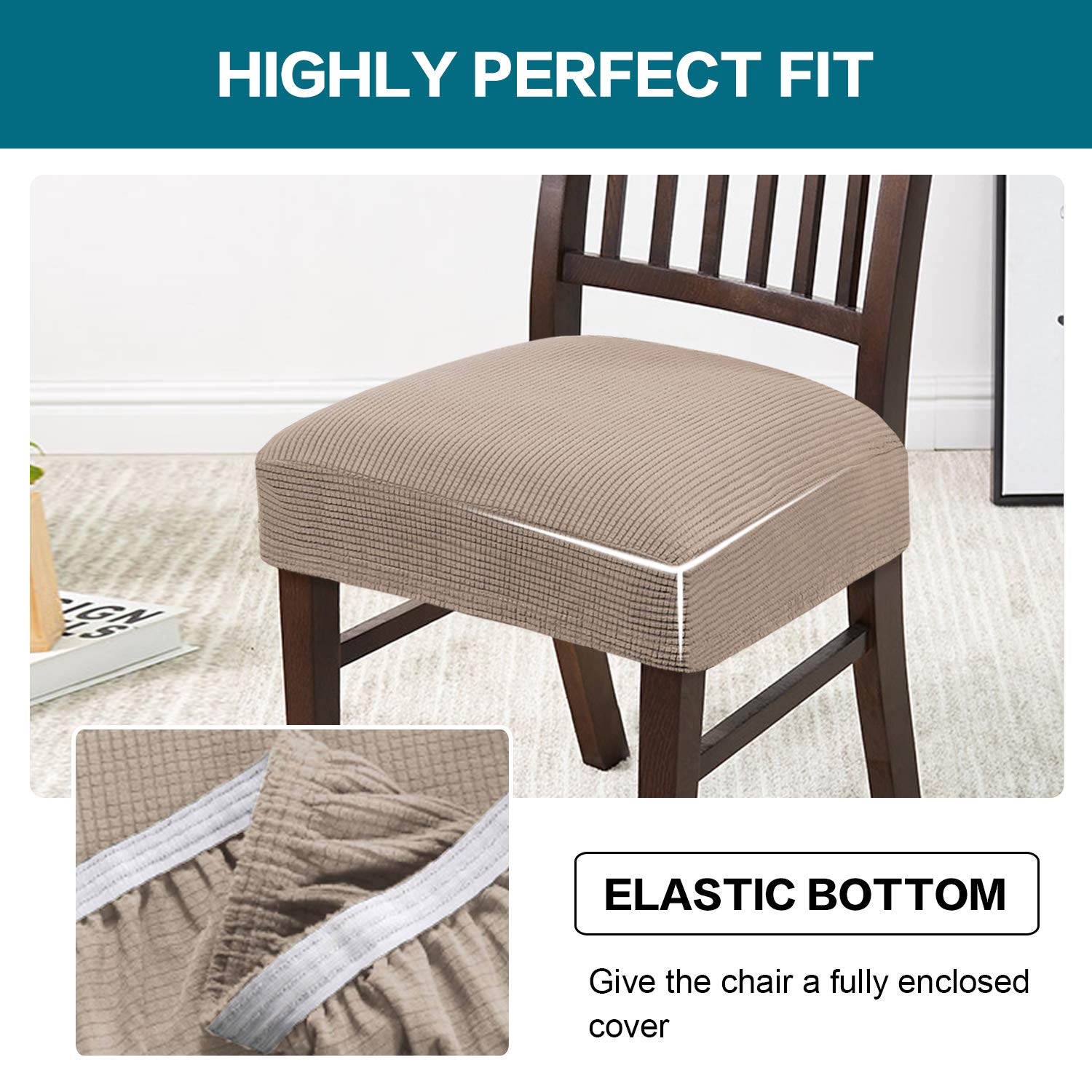 Turquoise Stretch Dining Chair Covers Set of 4 - Washable & Removable Kitchen Chair Slipcovers - Seat Protectors for Dining Room Chairs (Khaki) | Perfect for Family Gatherings & Dinner Parties