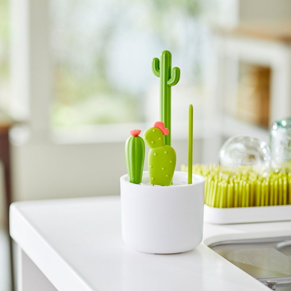 Boon Cacti Baby Bottle Cleaning Brush Set - 4-Piece Kit with Bottle Brush, Nipple Brush, Detail Brush & Straw Brush - Perfect for Drying Rack & Sterilizer - Essential Newborn Feeding Accessories for Breastmilk & Formula Bottles