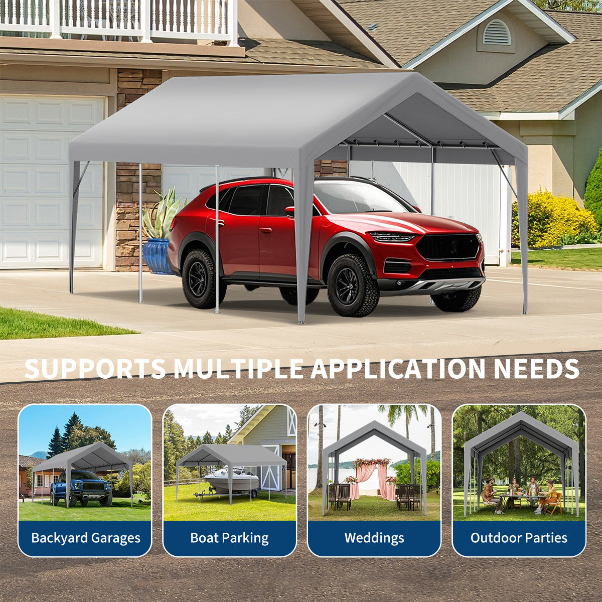 GARVEE 13'x25' 200G Heavy Duty Waterproof Carport Cover Replacement - UV Protected Shelter Tarp for Garage, Tent & Outdoor Use (Grey, Top Only, No Frame)