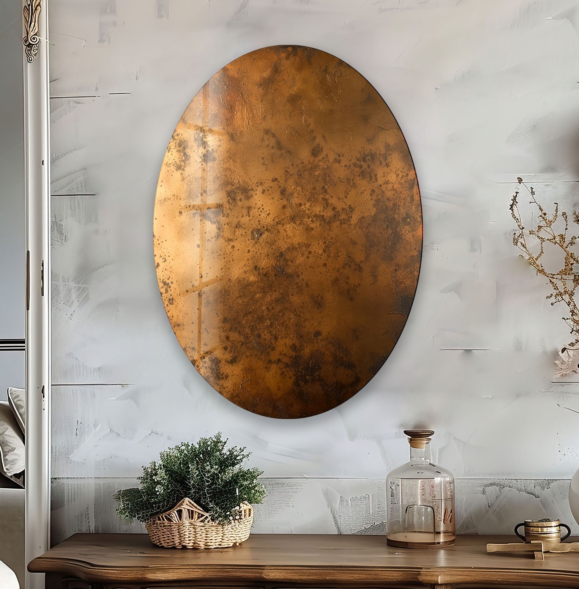 Abstract Bronze Glass Wall Art - Asymmetric Oval Design for Modern Home & Office Decor | Elegant Living Room, Bedroom, or Entryway Statement Piece