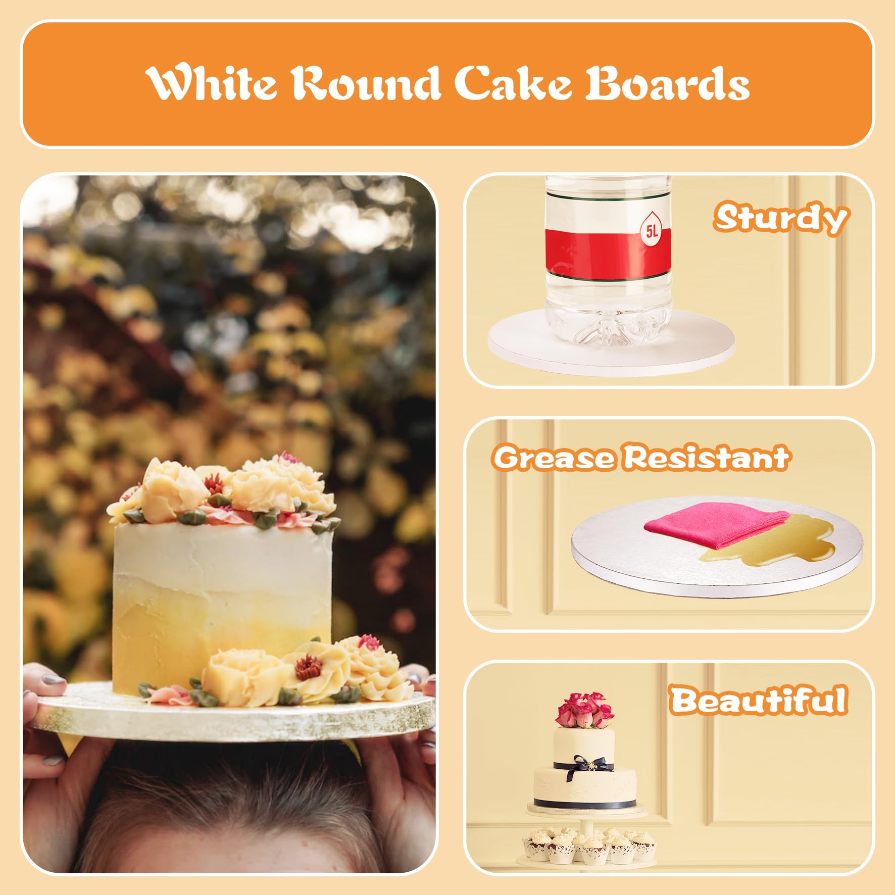 10 Inch Round White Cake Drums (6-Pack) - 1/2 Inch Thick Sturdy & Greaseproof Cake Boards with Banner Topper for Birthday, Wedding & Multi-Tiered Cakes | Perfect for Professional Baking, Party Decorations & Dessert Displays by GoldenBakeryFamily