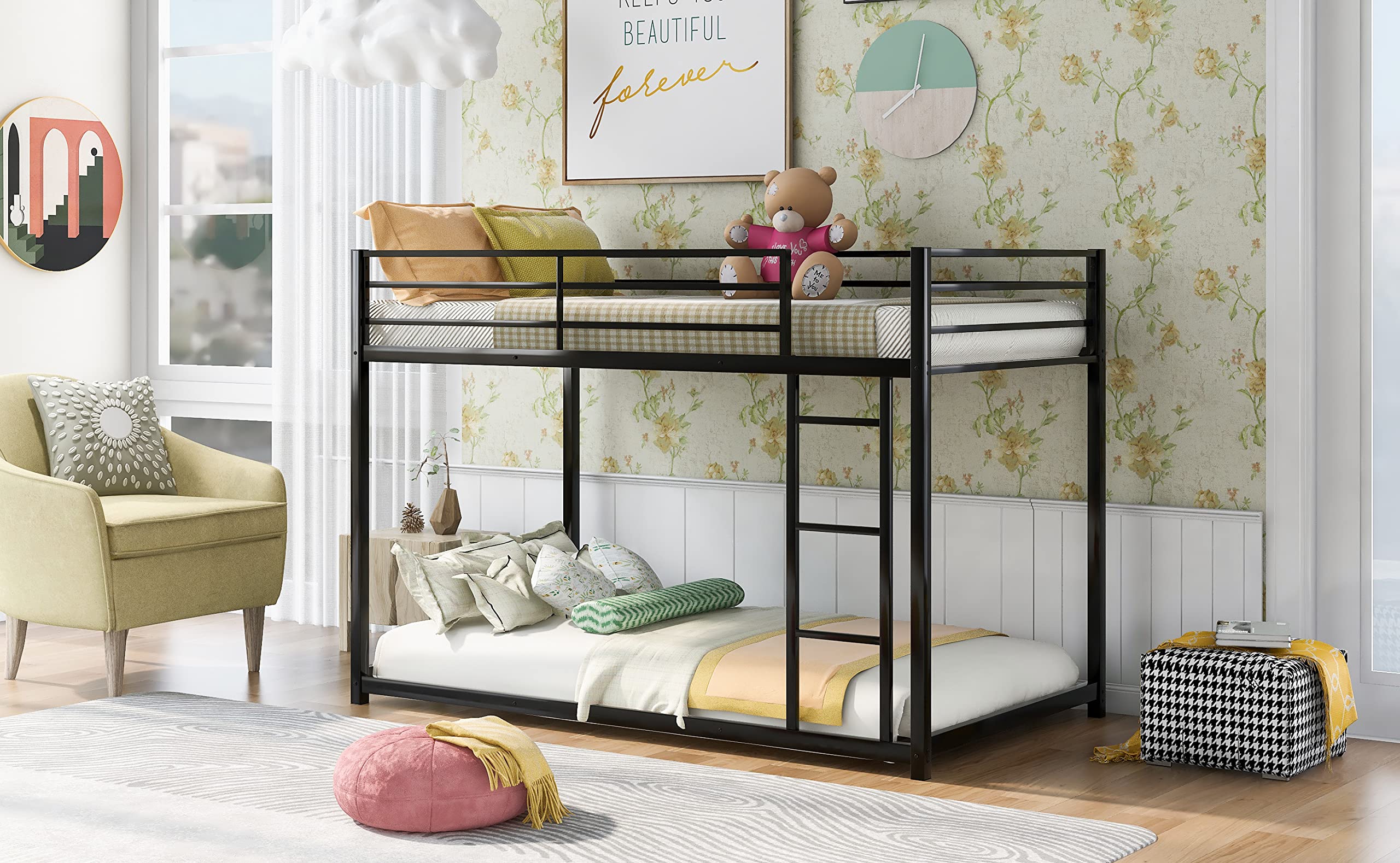 Yoglad Twin Over Twin Metal Bunk Bed Frame with Ladder & Safety Rail - Sturdy Platform Bed for Kids, Teens & Guest Rooms - No Box Spring Needed (Black) - Perfect for Small Spaces, Dormitories & Sleepovers