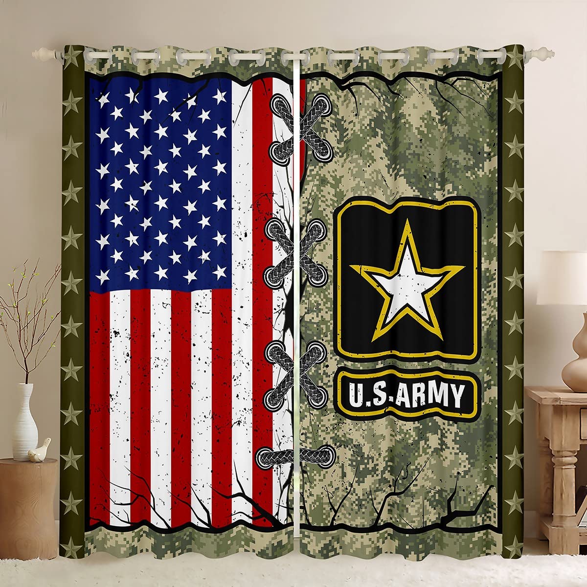 American Flag Window Curtains - 2 Panels 38x54 Inches - USA Patriotic Camo Curtains for Bedroom, Living Room & Dorm - Vintage Military Style Army Green Camouflage Drapes with Retro Grunge Stripes - Perfect for Home Decor, Boys Room & Man Cave
