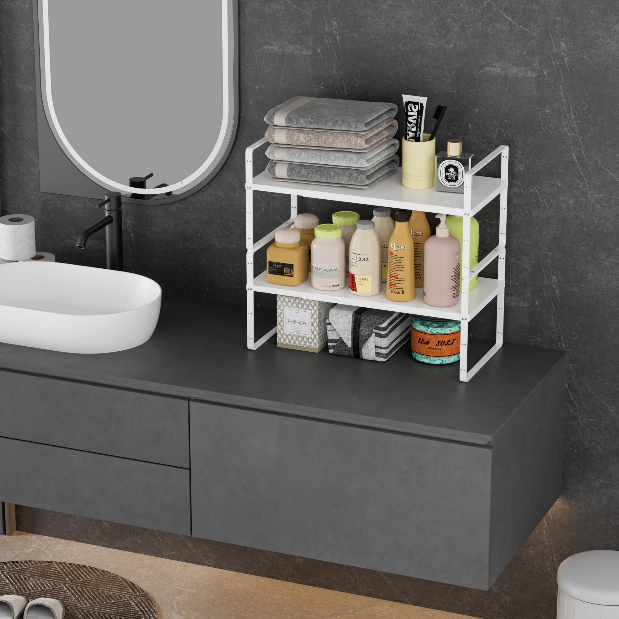 Expandable Stackable Adjustable Kitchen Cabinet Organizer - Counter Shelf Storage Riser for Pantry, Countertop & Cupboard (White, 8.07