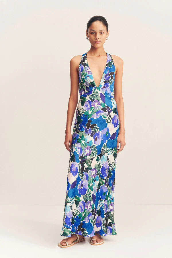Curlewis Plunged Cross Back Maxi Dress in Ocean Blue - Elegant Beach Wedding & Summer Vacation Dress for Women