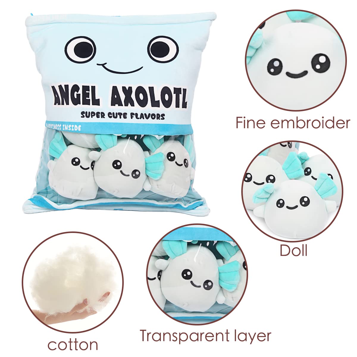 ARELUX 6PCS Cute Axolotl Plush Pillow Set - Soft Blue Salamander Stuffed Animal with Removable Bag, Adorable Axolotl Plushie Doll for Kids & Adults - Perfect for Home Decor, Birthday Gifts, Cuddling and Stress Relief