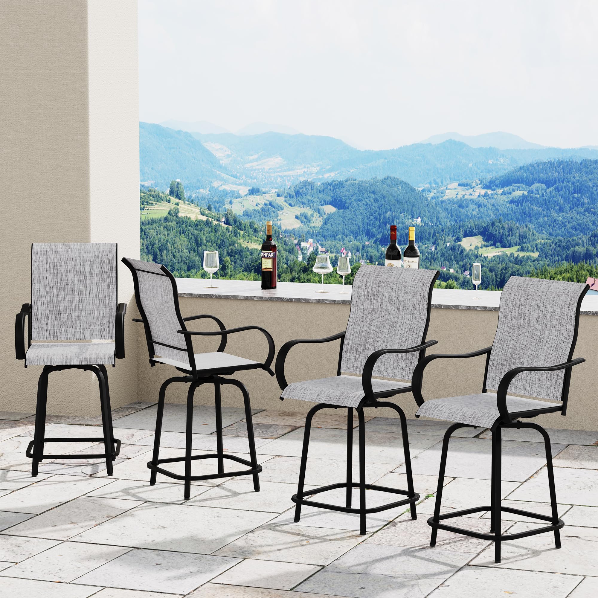 4-Piece Outdoor Patio Swivel Bar Stools Set - High Back Bar Height Chairs with Armrests, 300lb Capacity, All-Weather Mesh for Backyard, Poolside, Garden & Deck - Perfect for Outdoor Entertaining & Relaxation (Grey)