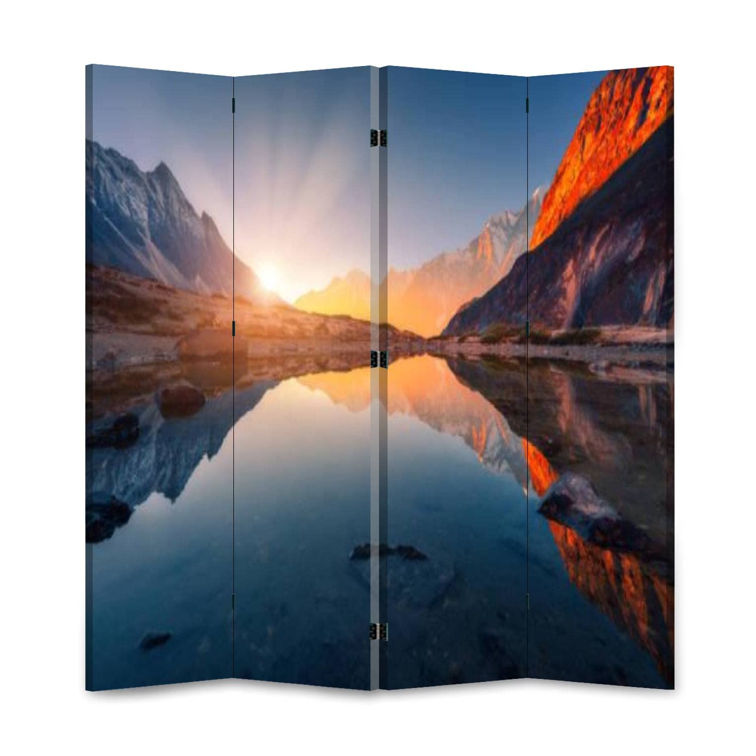 Wooden Folding Room Divider with Beautiful Mountain Landscape - Double Sided Canvas Privacy Screen for Home & Office - 4 Panel Foldable Partition Wall Decor for Living Room, Bedroom, Studio