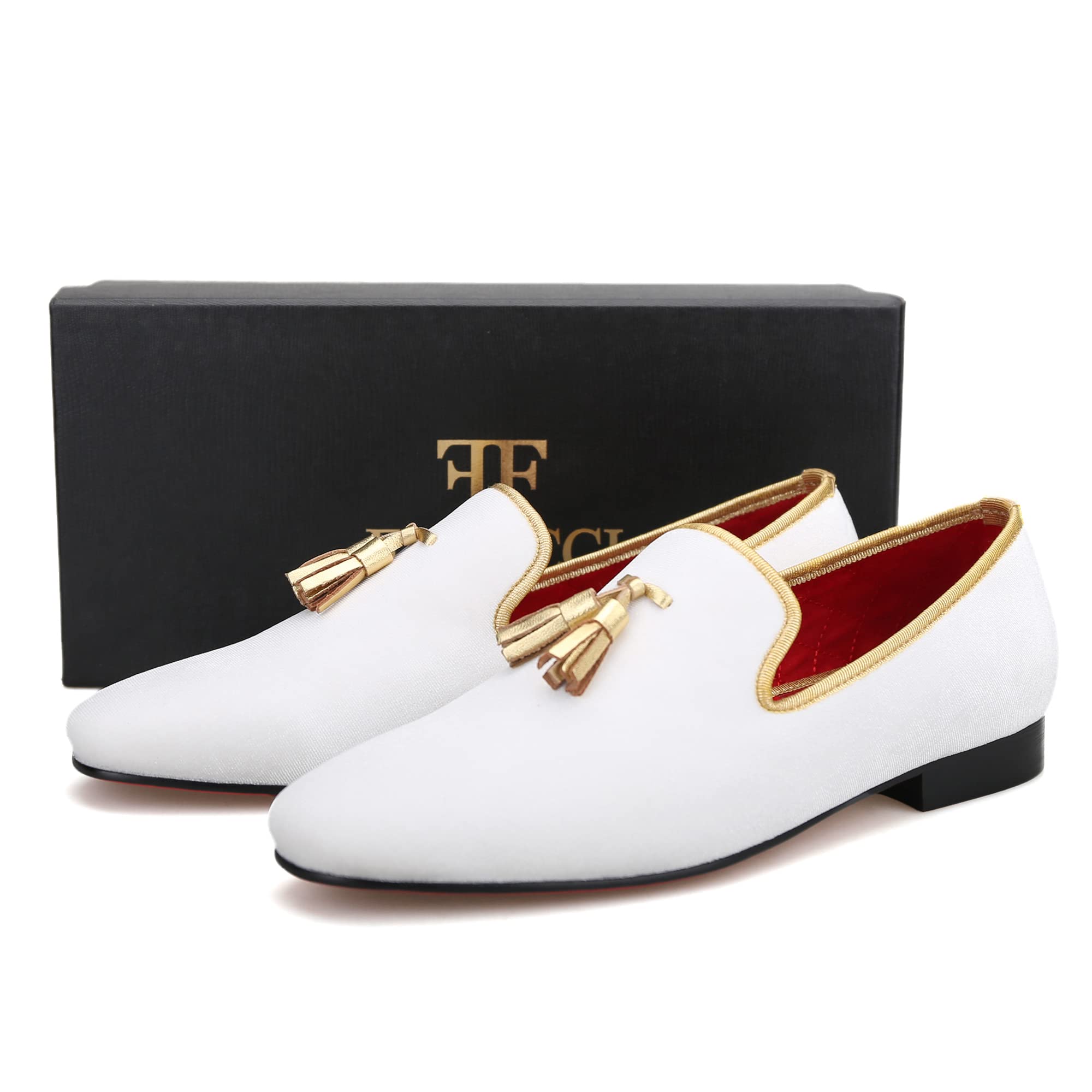 FERUCCI Men's White Velvet Loafers with Gold Tassel - Square Toe Formal Slippers for Wedding, Prom & Special Occasions - Comfortable Dress Shoes for Evening Events & Parties