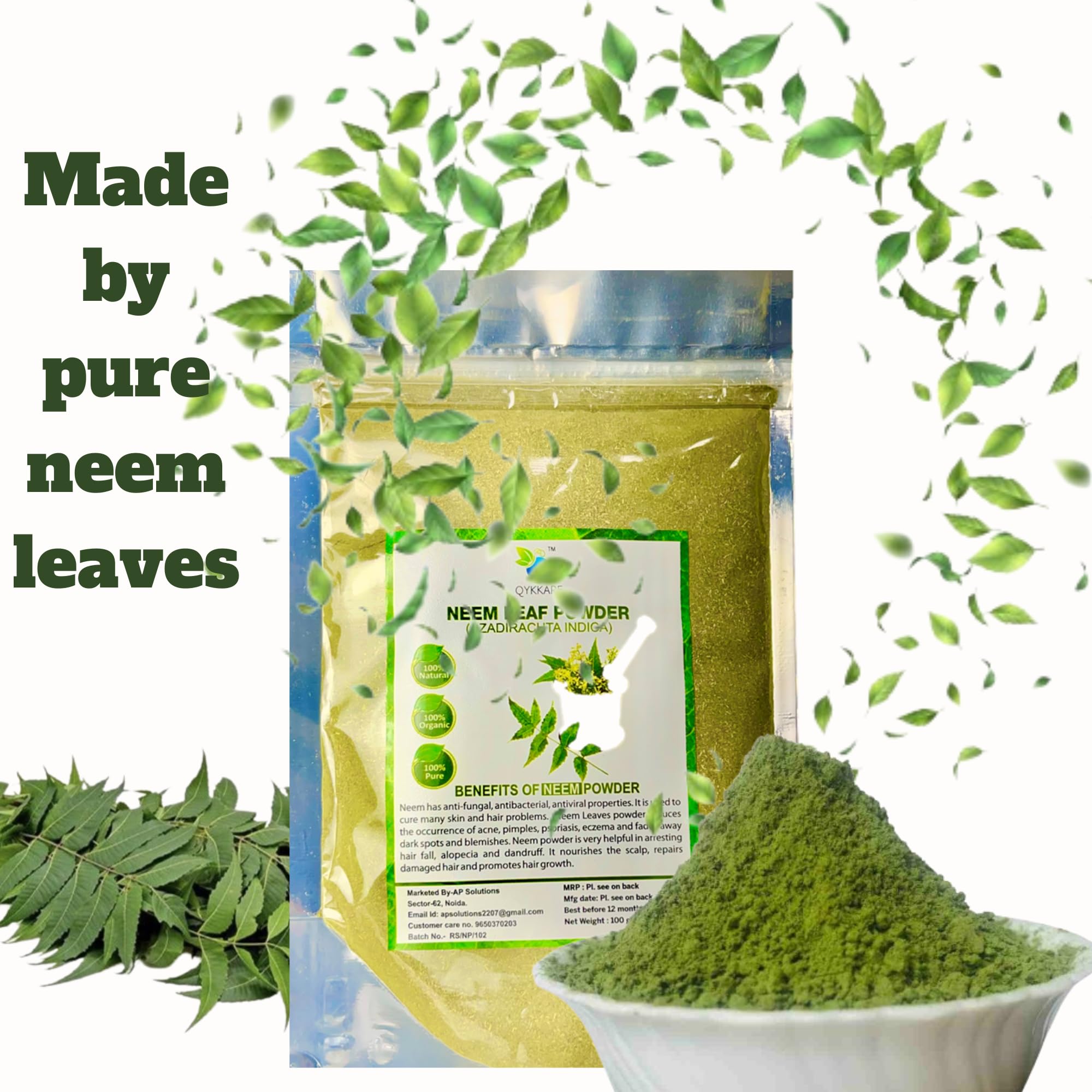 QYKKARE Pure Natural Premium Neem Leaf Powder (Azadirachta indica) - 200g for Hair, Skin & Face Care | Organic Ayurvedic Treatment for Acne, Dandruff & Glowing Skin | DIY Face Mask & Hair Pack
