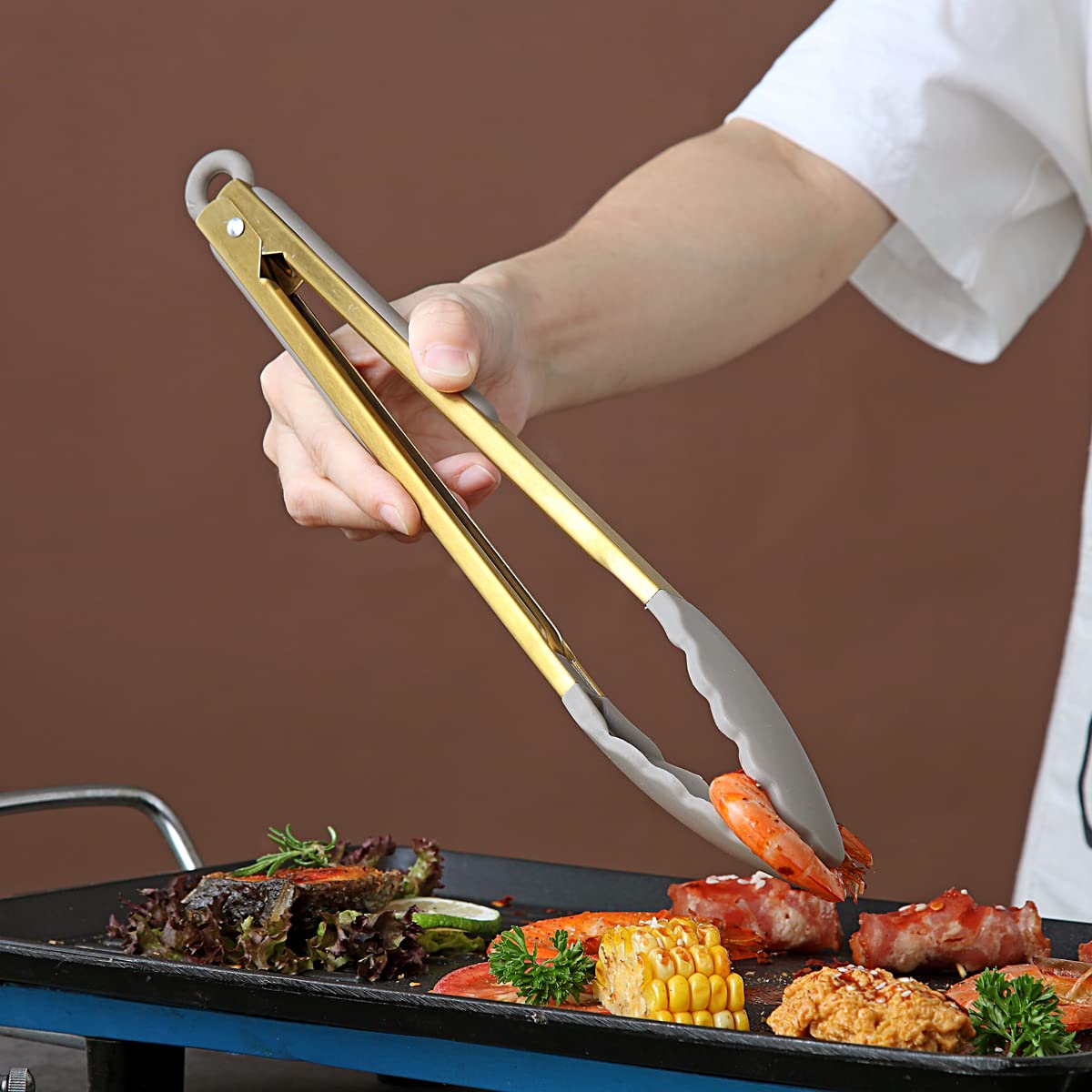 Premium Gold Cooking Tongs - Heavy Duty Stainless Steel Kitchen Tongs with Heat-Resistant Silicone Tips & Titanium Gold Plated Handle for Grilling, BBQ, Serving, Baking & Salad Tossing - Dishwasher Safe & Easy Clean Kitchen Utensils for Professional Chefs & Home Cooking