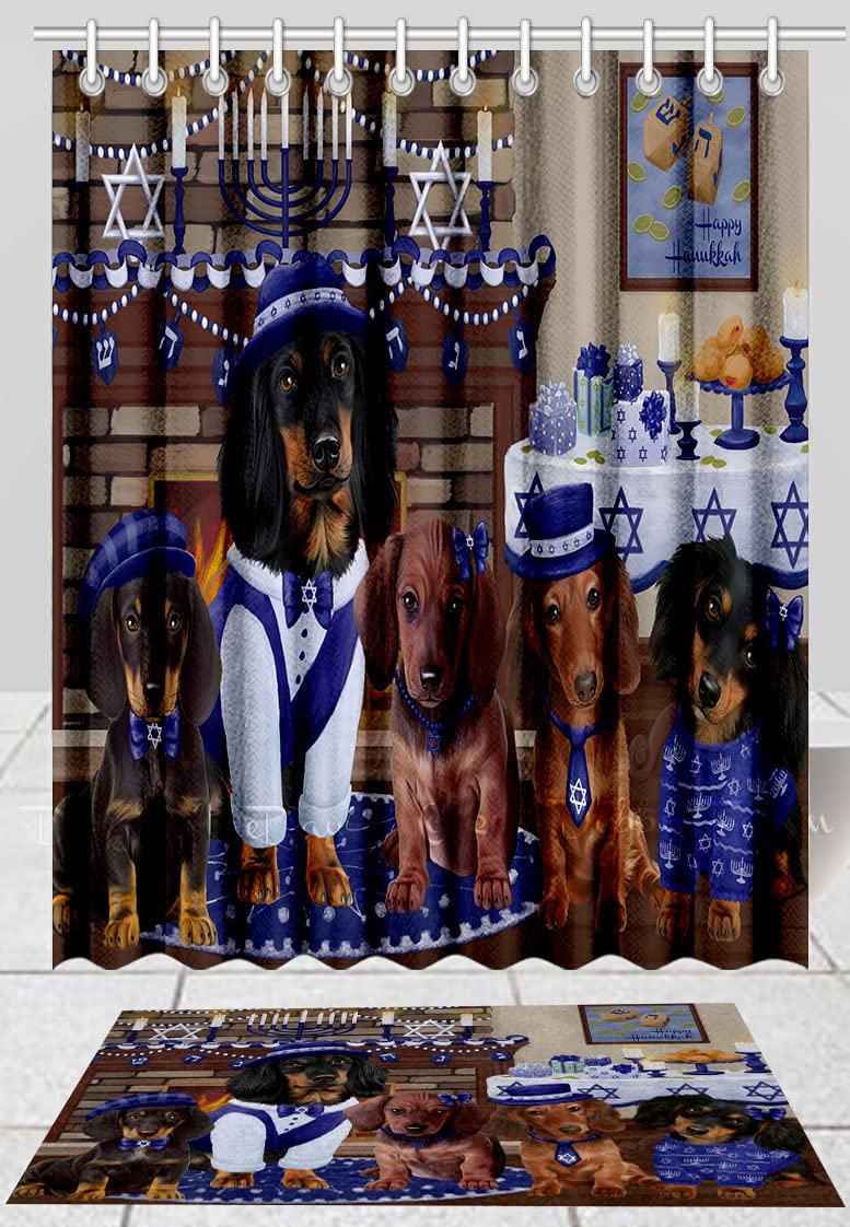 Happy Hanukkah Family Dachshund Dogs Bath Mat & Shower Curtain Set - Non-Slip Bathroom Decor, Plush Rug & Polyester Bathtub Curtain with Hooks (Mat 16