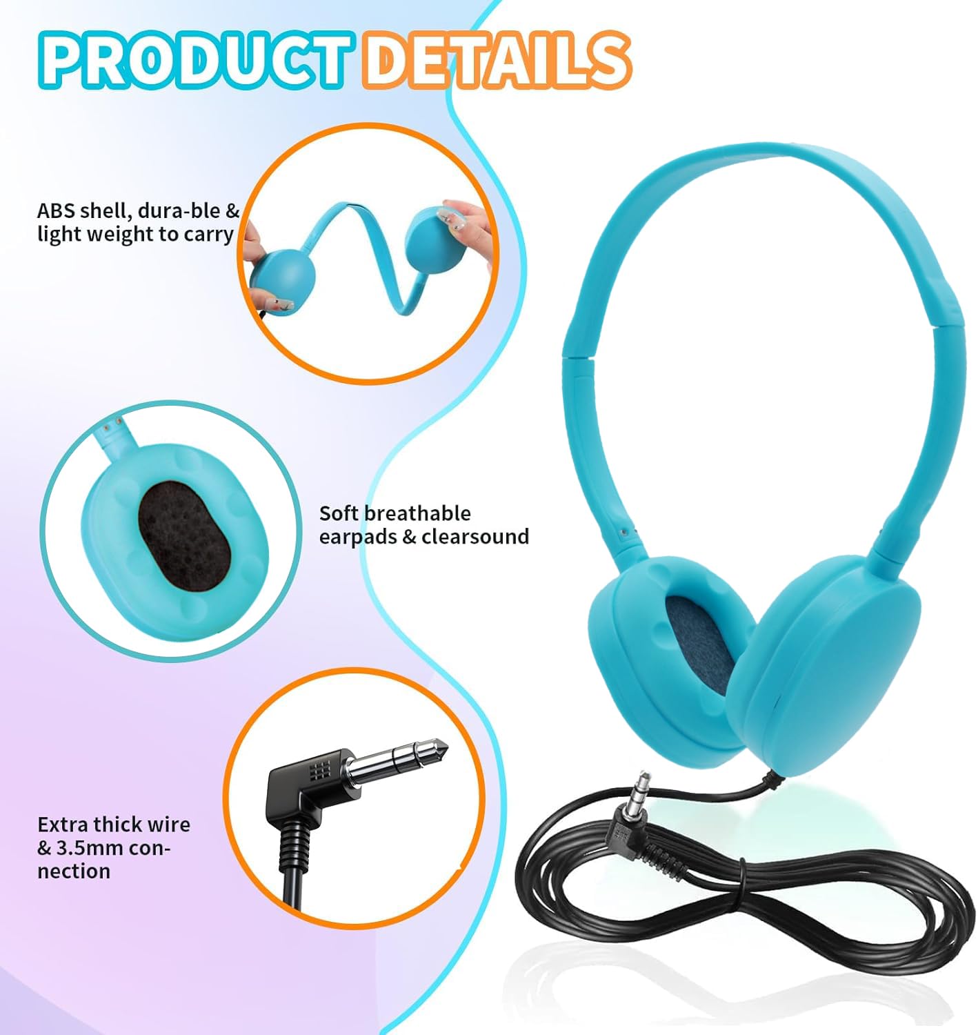 Bulk Headphones 5 Pack - Durable Multi-Color Classroom Headphones for Students, Teens & Adults | School Use, Online Learning & Study Sessions
