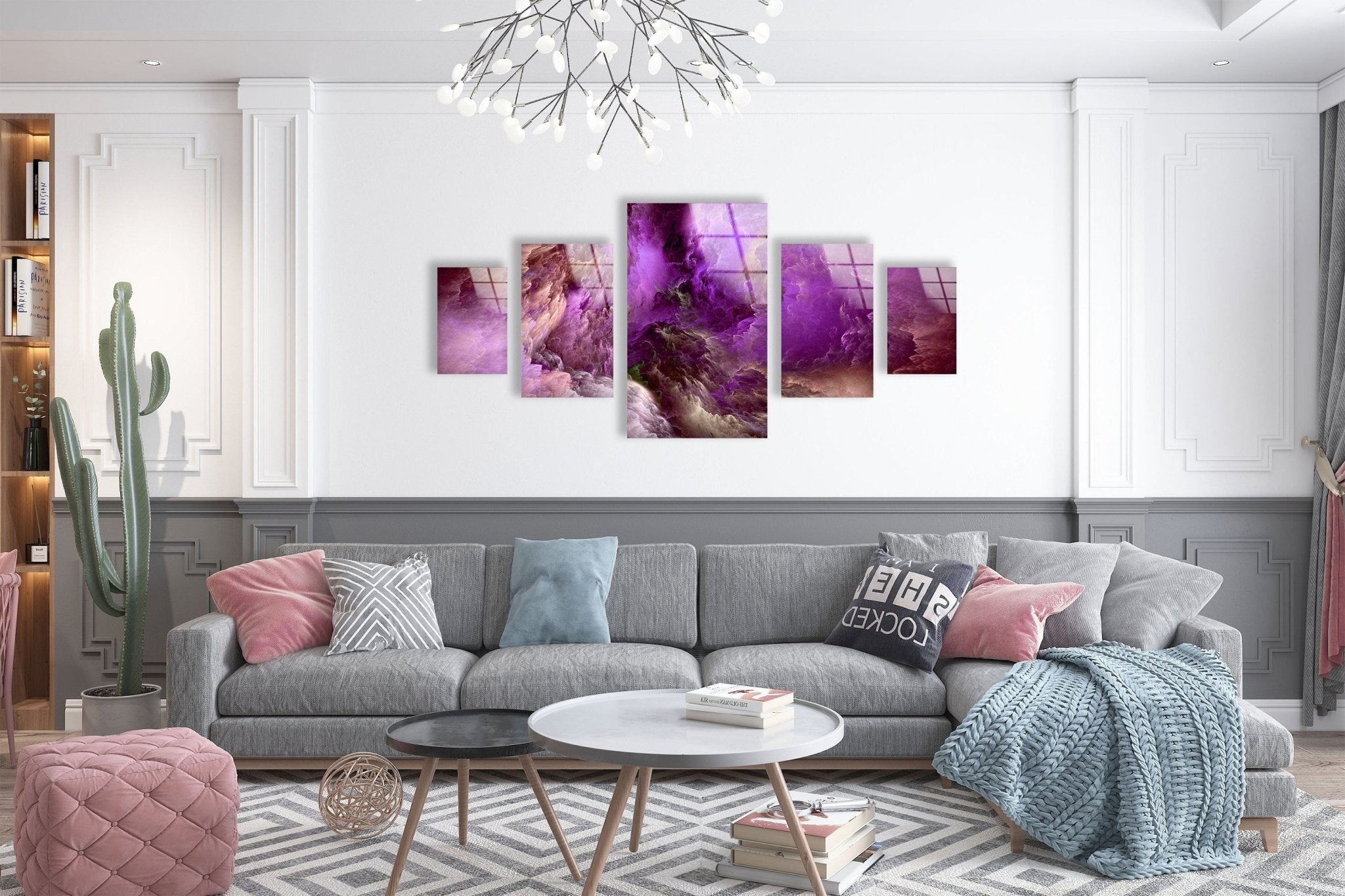 Abstract Purple Clouds Glass Wall Art - Modern Handmade Glass Decor for Living Room, Bedroom & Office - Elegant Home & Office Decoration