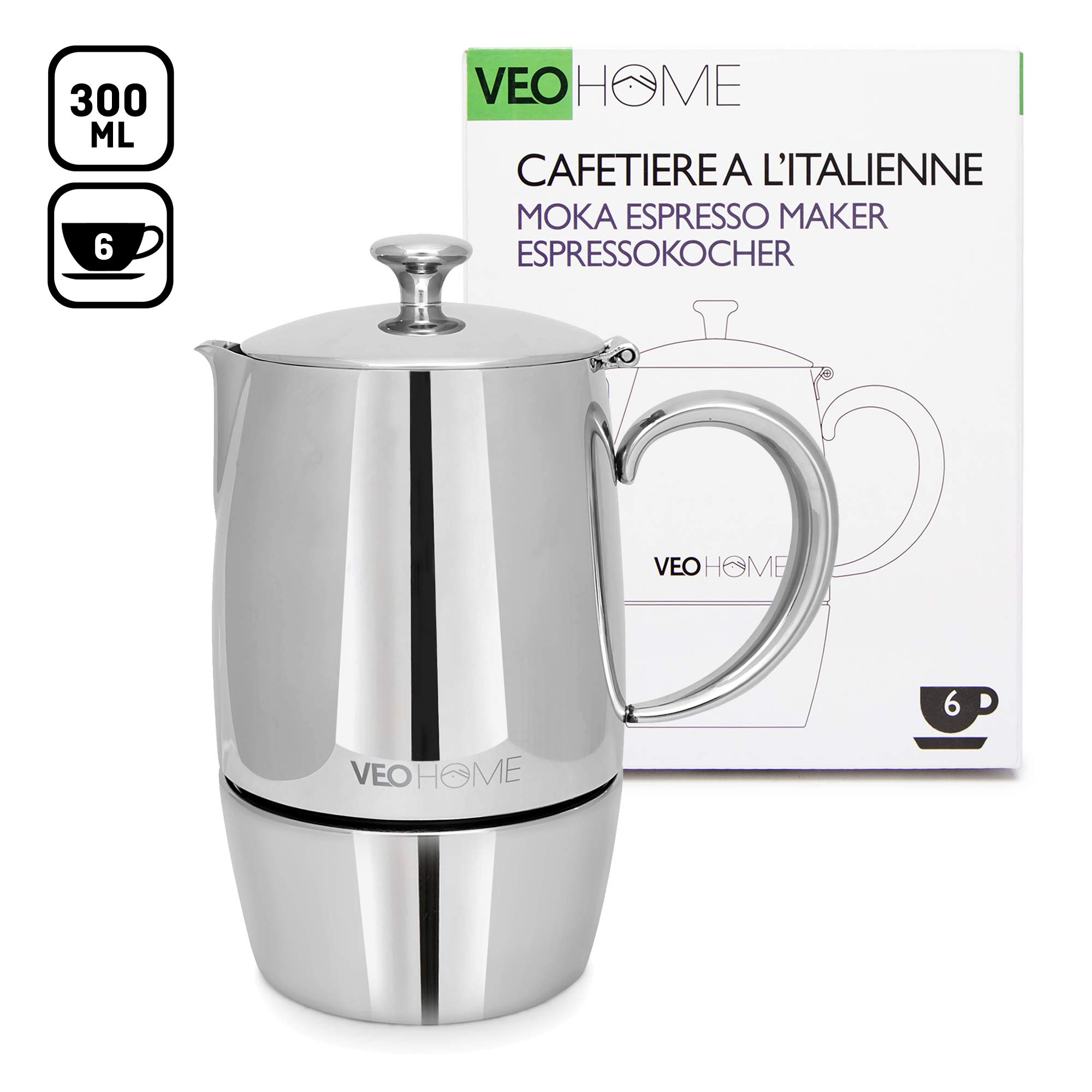 VeoHome Stovetop Espresso Coffee Maker - 300ml Stainless Steel Moka Pot for Gas, Electric & Induction Stoves | Perfect for Home, Office & Camping Coffee Brewing