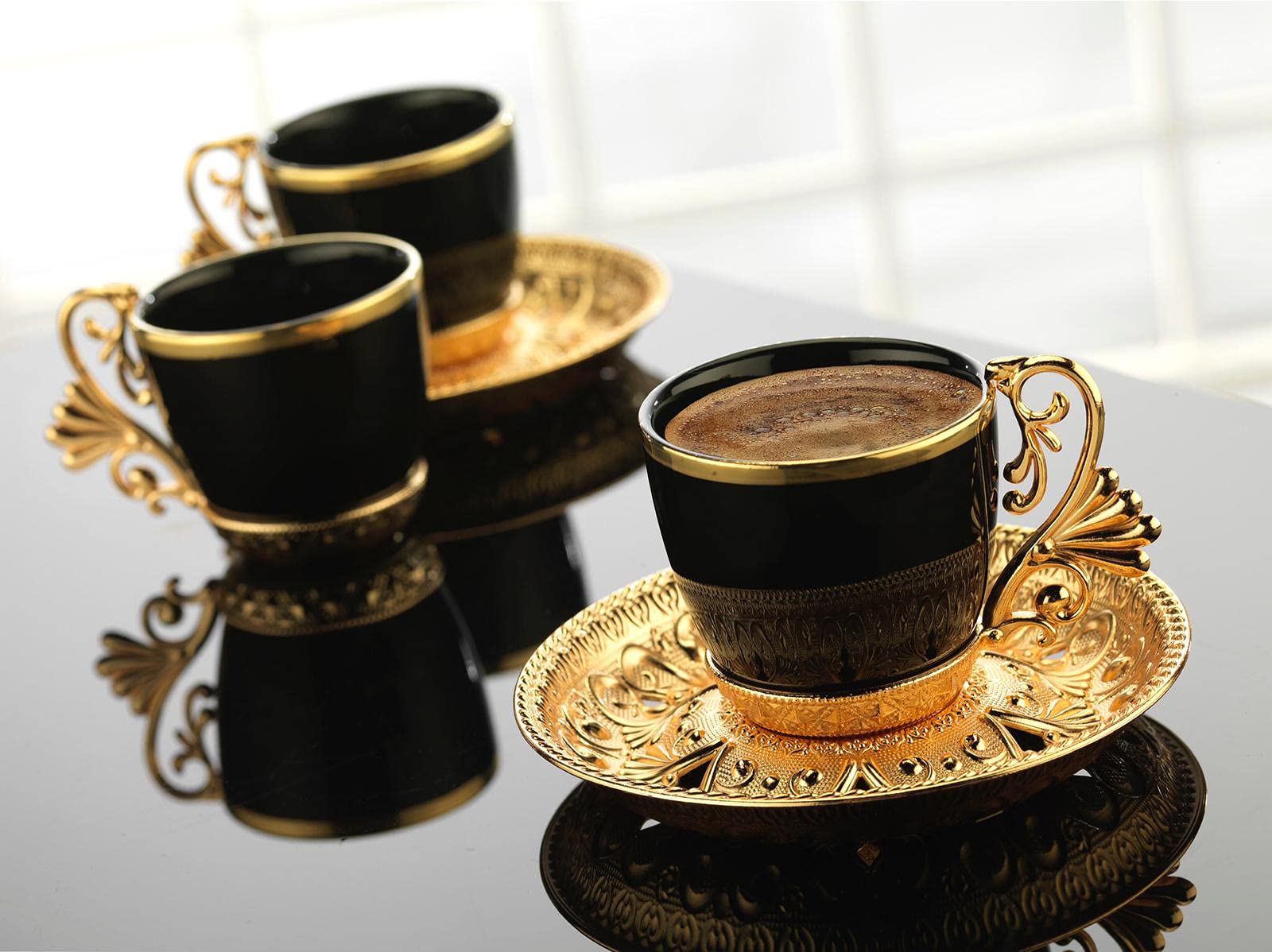 Premium Espresso Coffee Cups Set - 6-Piece Turkish Arabic Greek Coffee Set for Women & Men, Elegant Black & Gold Luxury Coffee Cups, Perfect for Home, Office, Wedding Gifts & Entertaining Guests