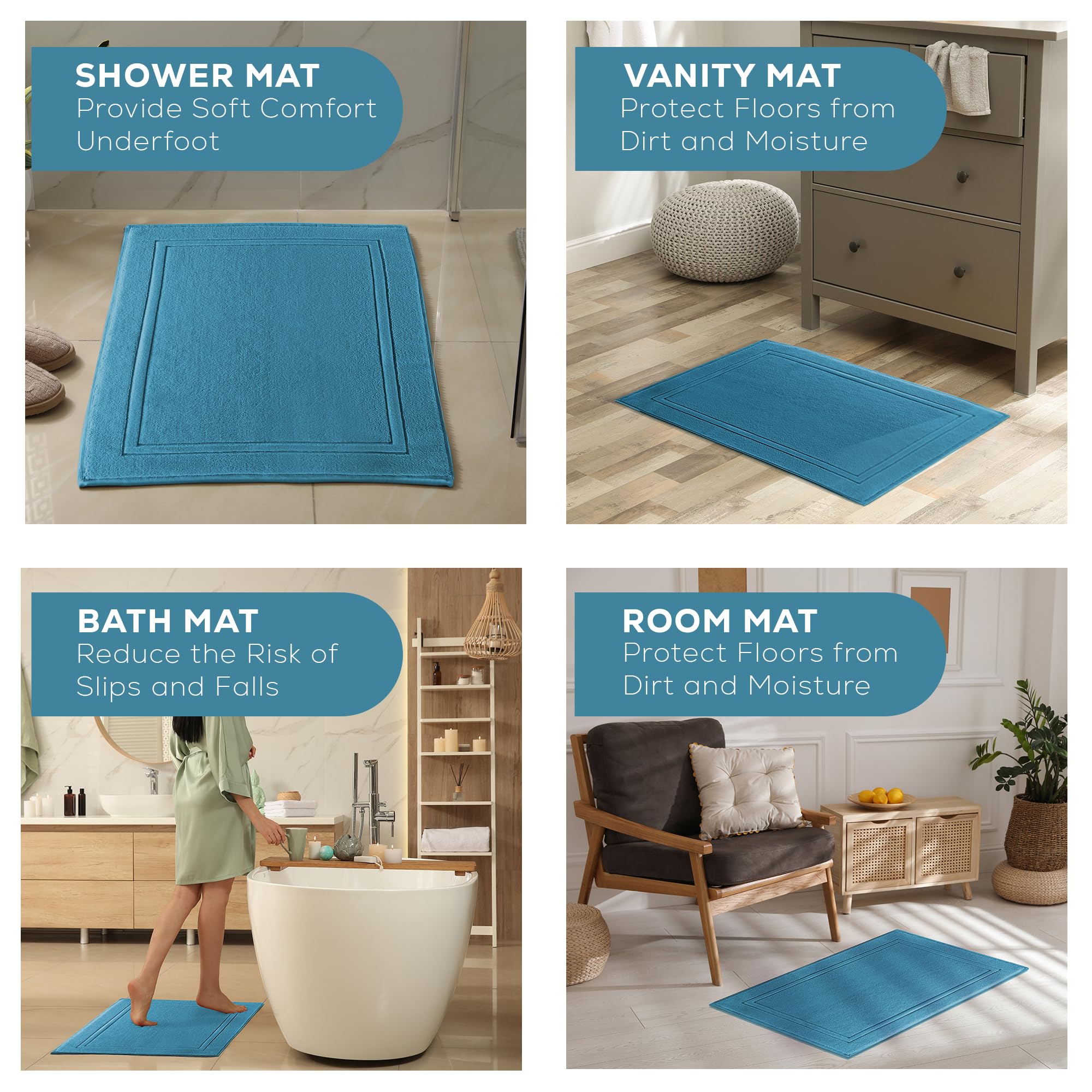 ALIBI Luxury Bath Mat & Floor Towel Set - 2 Pack Super Soft Absorbent Cotton Bath Mats for Bathroom, Shower & Spa | Machine Washable Non-Slip Tub Mats (22x34 Inches, Blue) | Perfect for Stepping Out of Shower, Hotel Style Bathroom Decor & Spa Relaxation