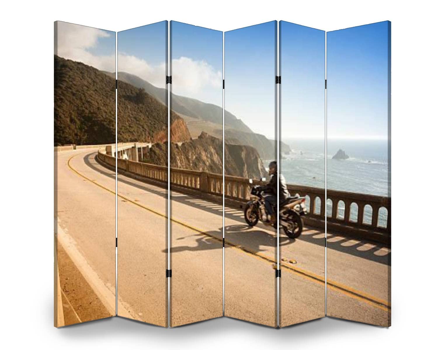 APED DECOR 6-Panel Wooden Room Divider with Motorcycle Crossing Bridge Big Sur California Canvas Print - Folding Privacy Screen, Dual-Sided Wall Partition for Home Office, Bedroom & Indoor Display Shelves