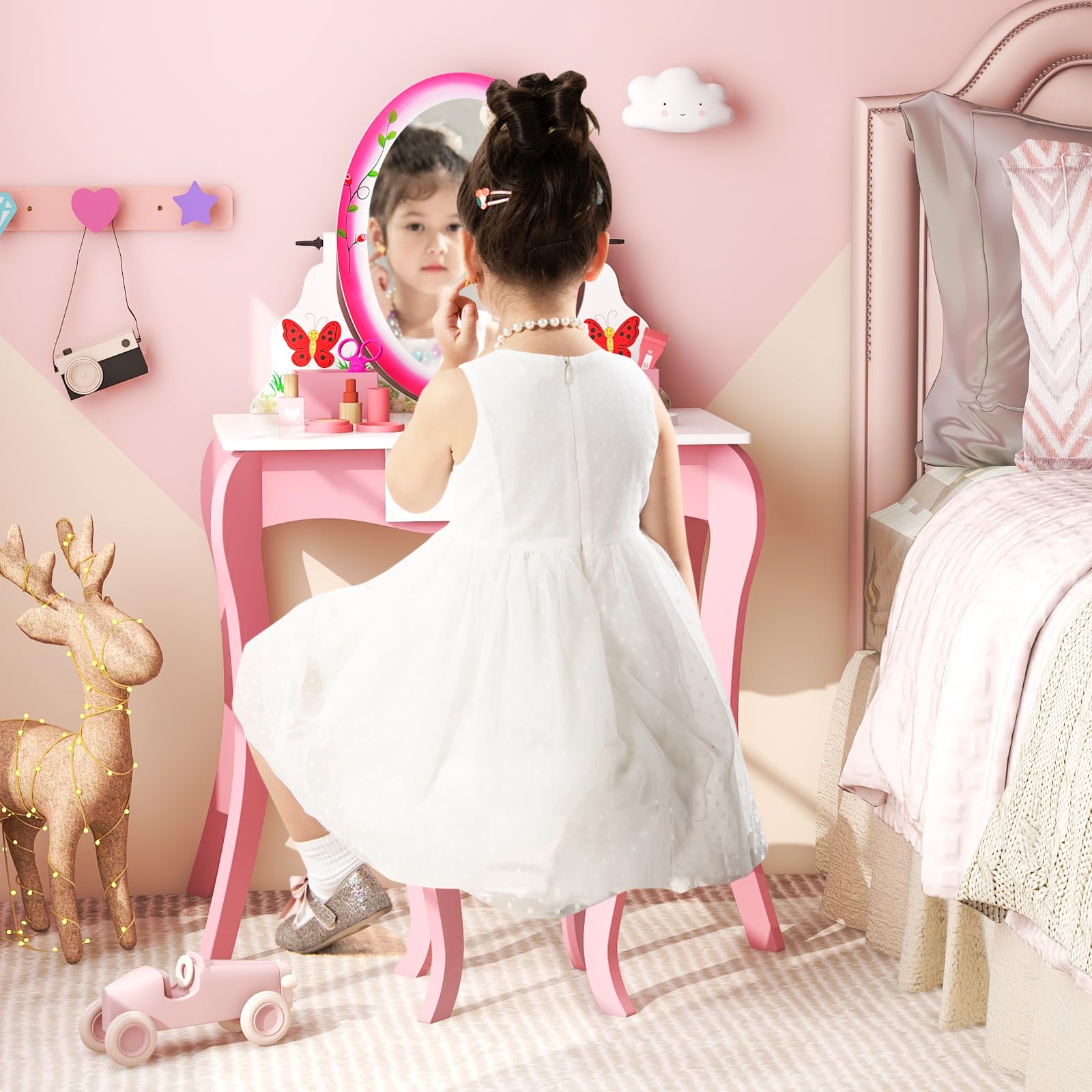 Costzon Kids Vanity Set with Mirror & Stool - 2-in-1 Toddler Makeup Dressing Table with Storage Drawers & Grids - Pretend Play Vanity Desk & Chair for Little Girls - Perfect for Bedroom Playroom & Birthday Gifts