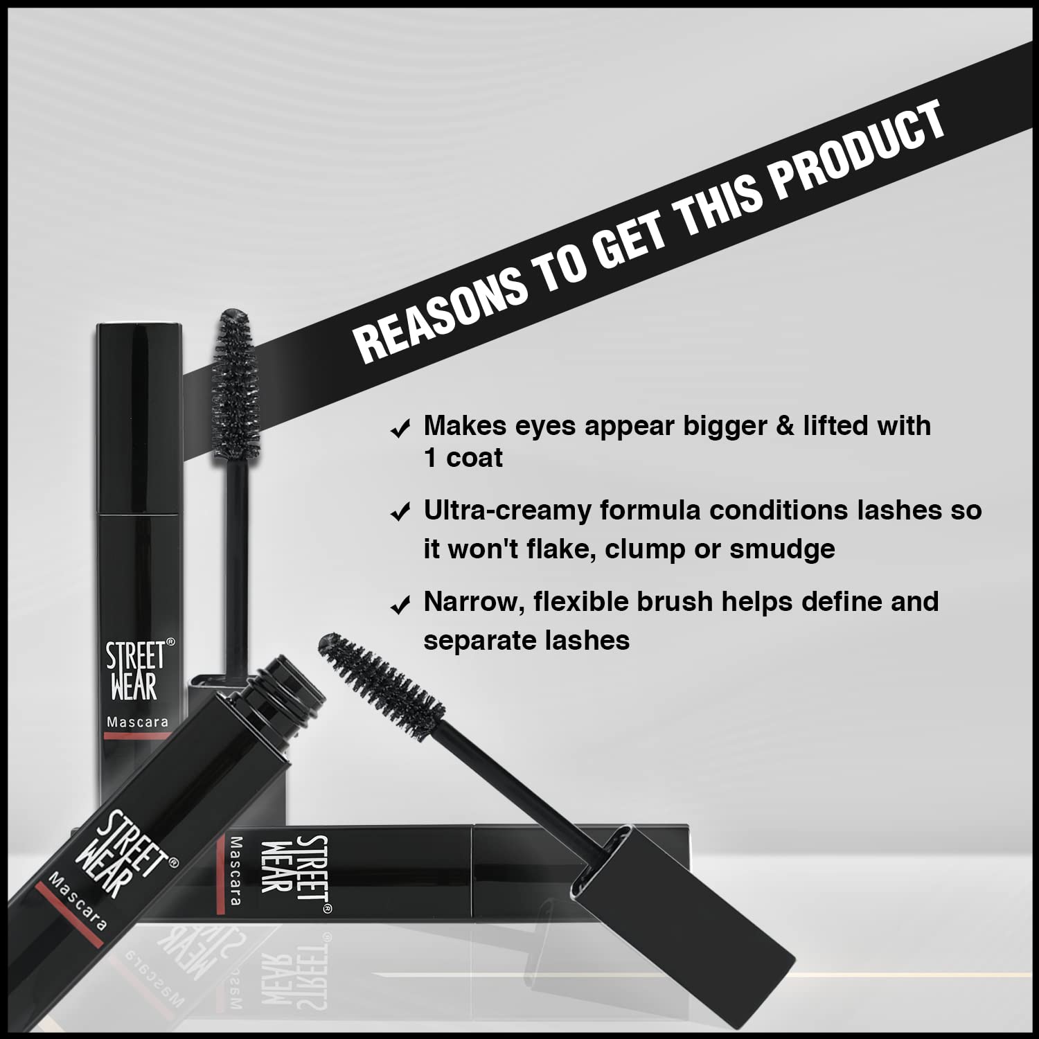 STREET WEAR Voluminous Lash Lift Mascara - KNIGHT BLACK | Non-Clumping, Flake-Free, Smudge-Proof & 100% Waterproof | Infused with Aloe Vera, Vitamin E & Panthenol | Perfect for Night Out, Date Night & Special Occasions