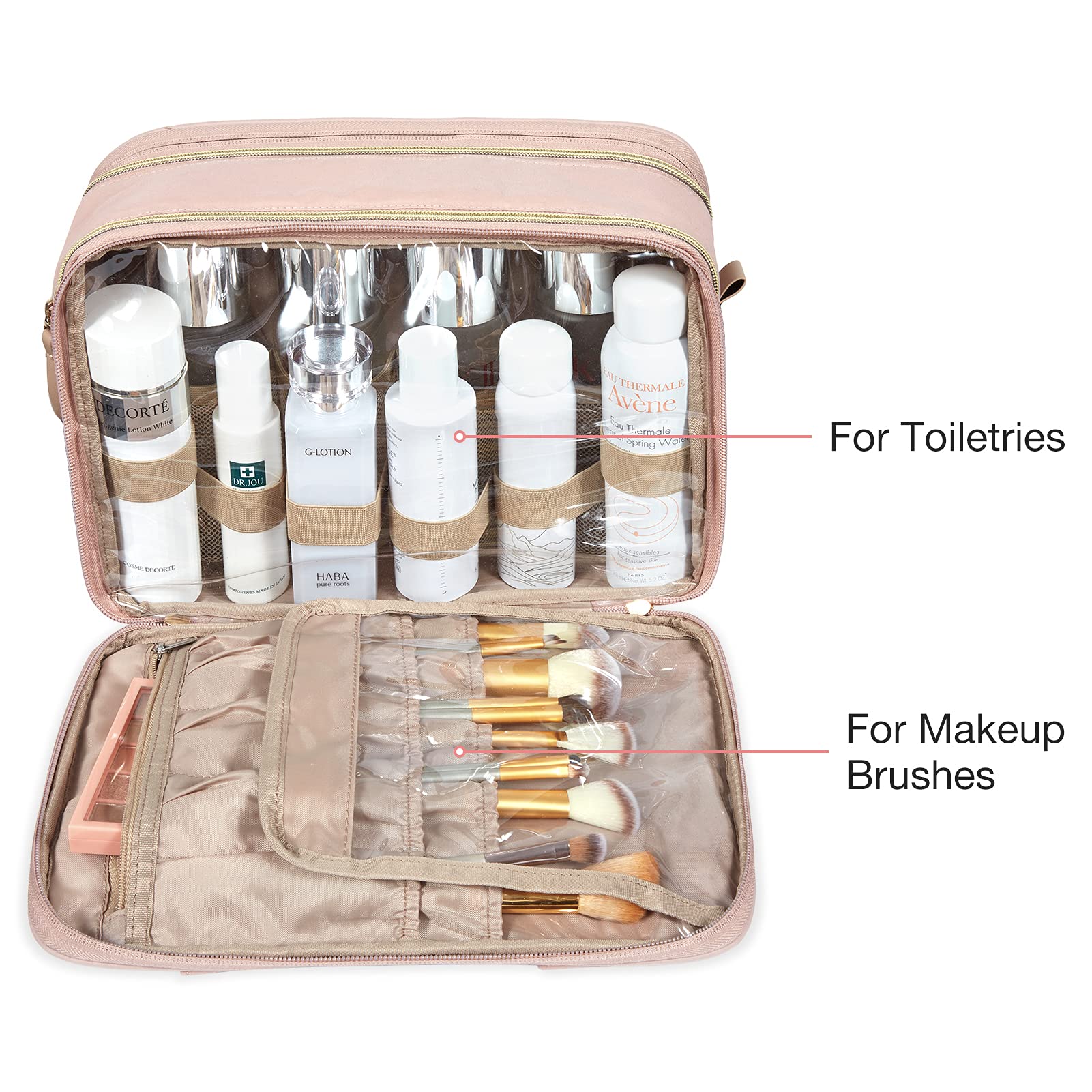 BAGSMART Large Water-resistant Travel Makeup Bag - Cosmetic Organizer for Full Sized Toiletries, Shampoo & Beauty Accessories (Pink) - Perfect for Vacation, Gym & Daily Essentials Storage