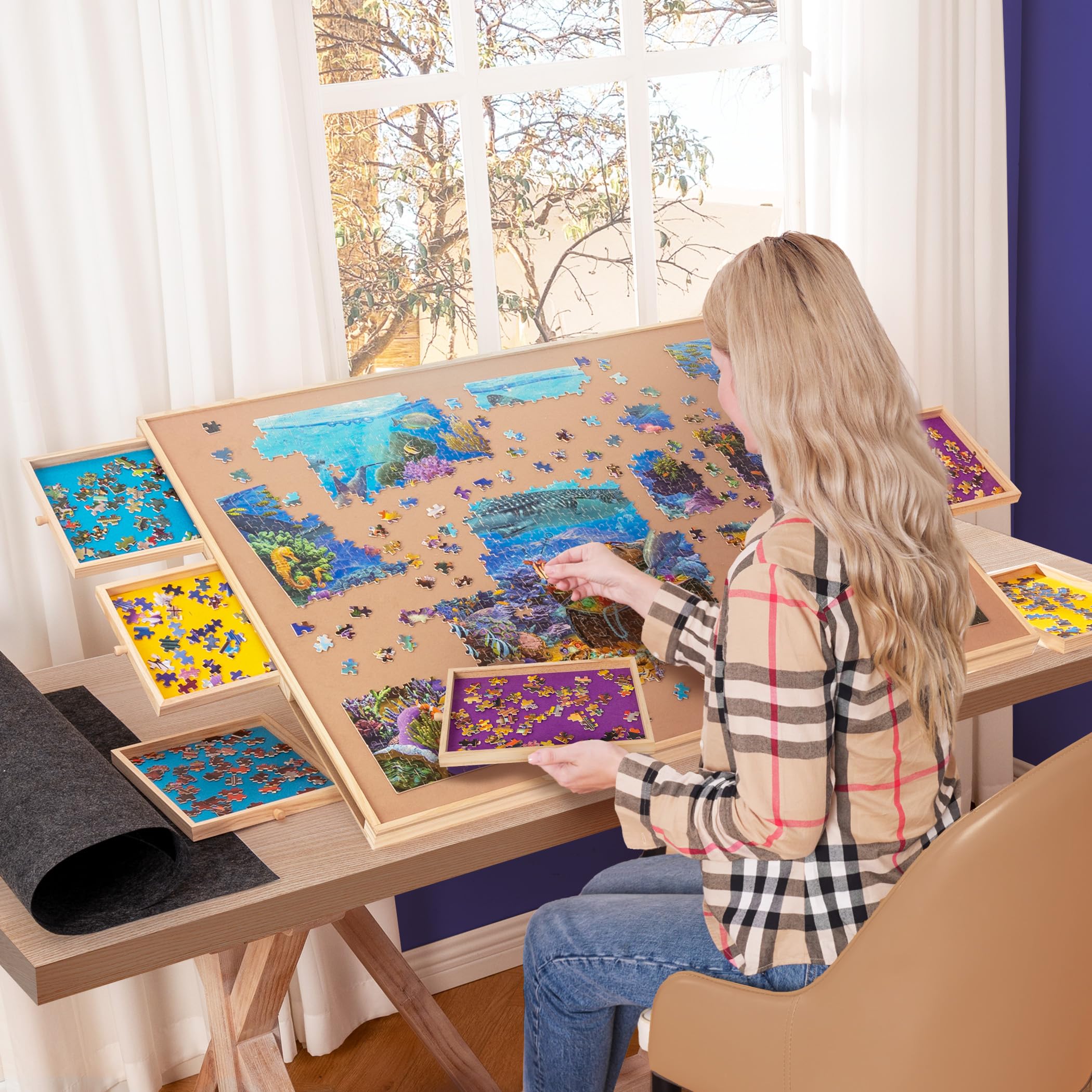 Becko US 2000-Piece Tilting Jigsaw Puzzle Board with 6 Colored Drawers & Cover - Adjustable Puzzle Table with Built-in Stand, 5 Angle Positions & Premium Flannel Surface - Perfect for Adults Puzzle Storage & Game Night Activities