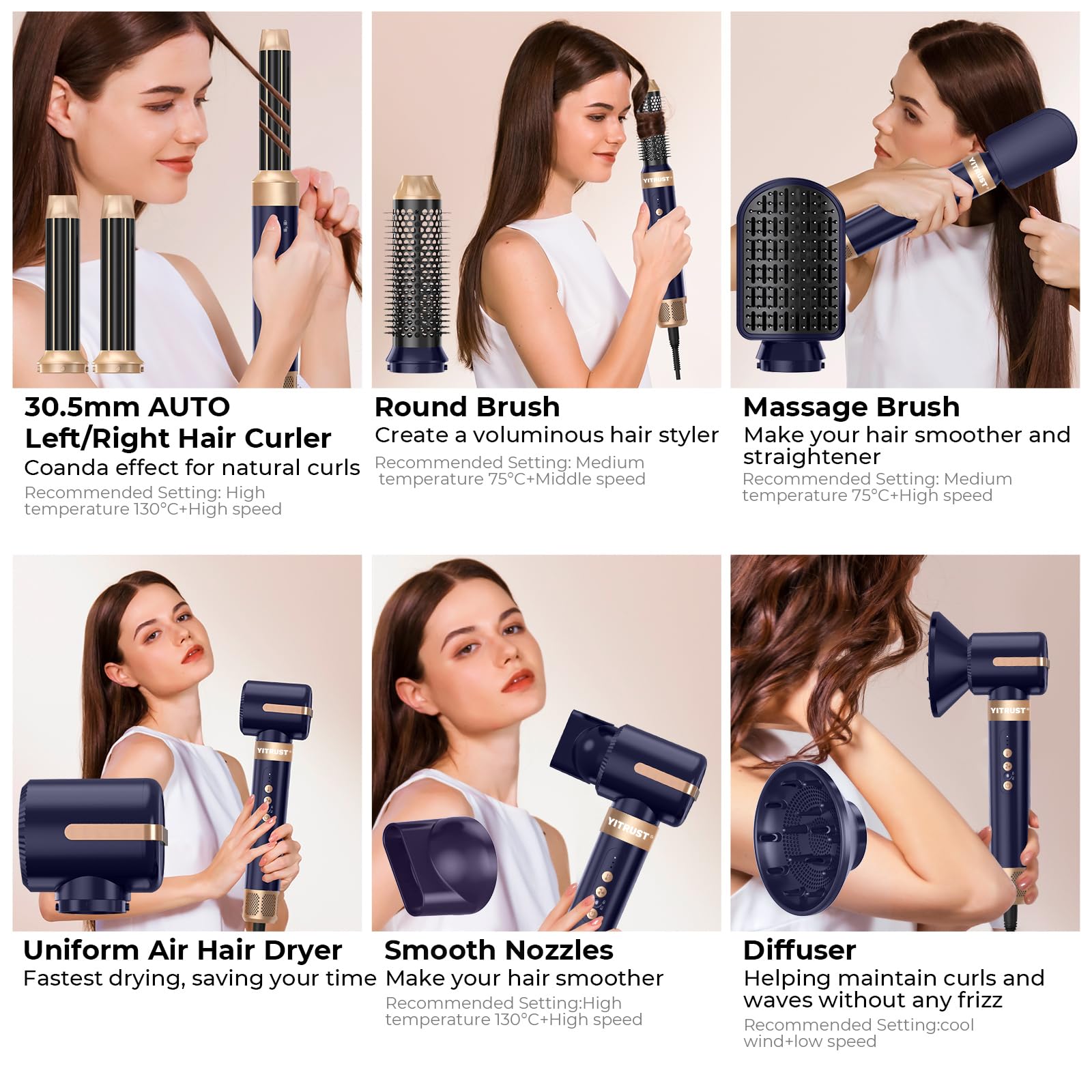 Yitrust Professional Ionic Hair Dryer Brush - 11000 RPM Hot Air Styler with Auto-Rotating Curling Brush | 7-in-1 Multifunctional Hair Tool for Blow Drying, Styling & Creating Curls | Perfect for Home Use, Salon Styling & Travel Hair Care