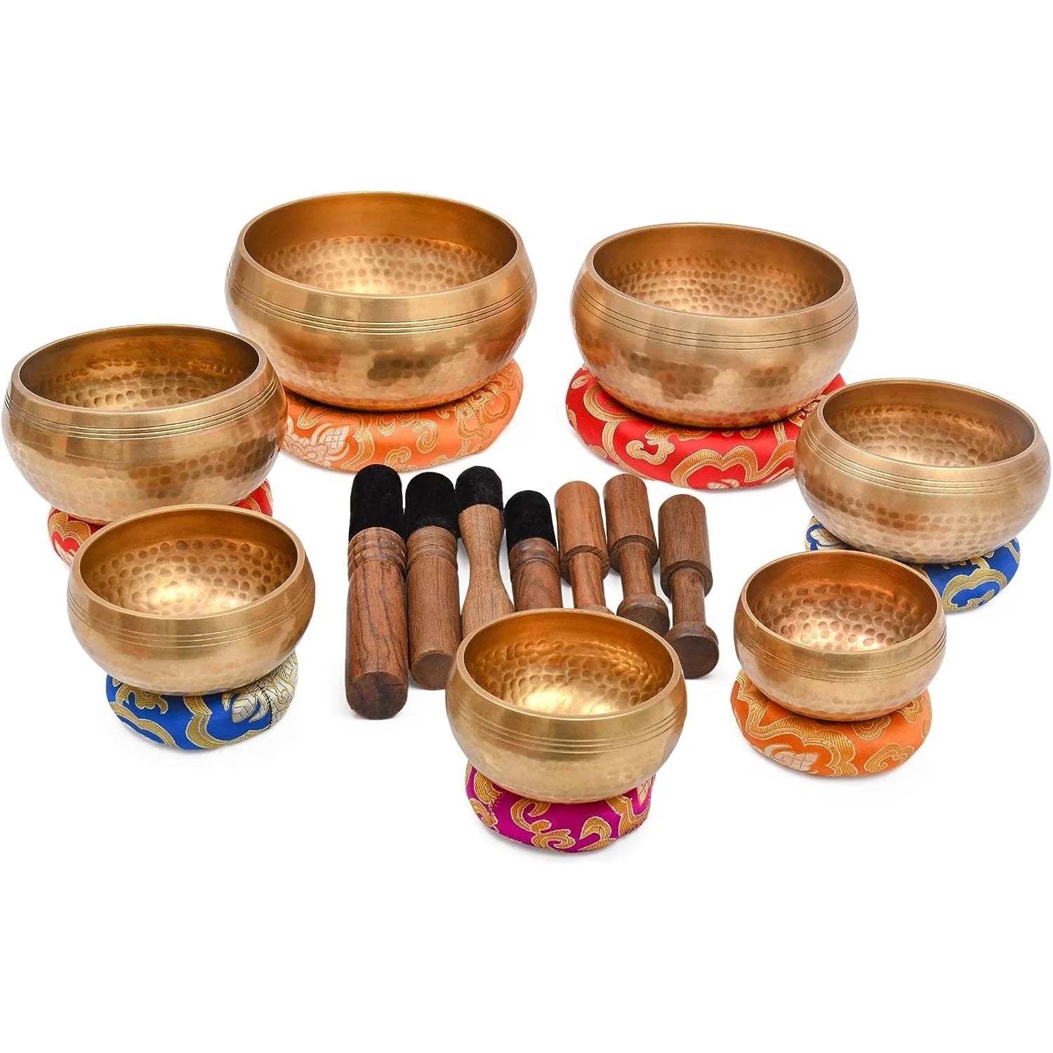 Set of 7 Authentic Tibetan Hand-Hammered Singing Bowls - Meditation, Yoga & Sound Healing Instruments for Relaxation & Mindfulness Practice