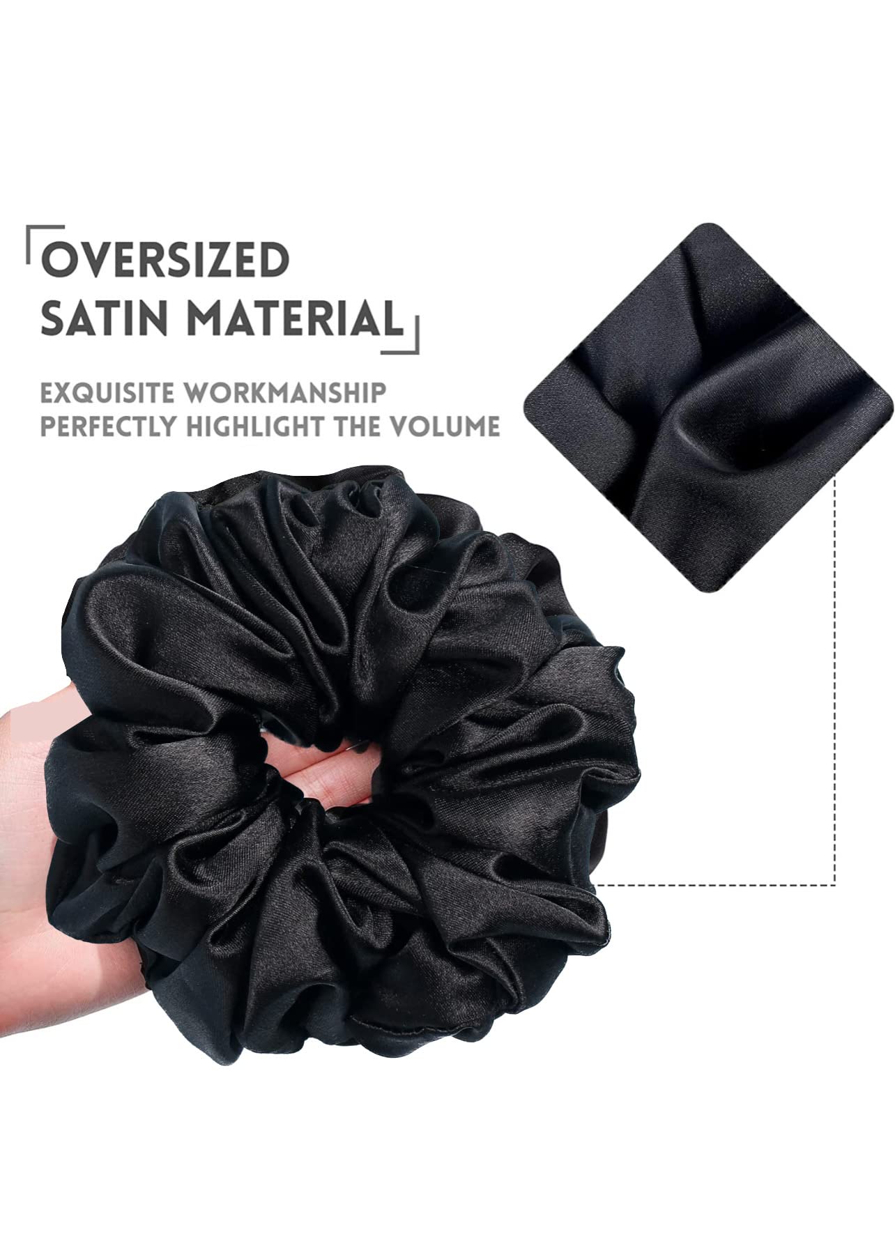 Fashion Fittor 3-Piece Oversized Satin Hair Scrunchies - 7.2 Inch Elastic Silk Hair Bands for Women & Girls (Black) | Soft Ponytail Holders for Daily Use, Workouts & Special Occasions
