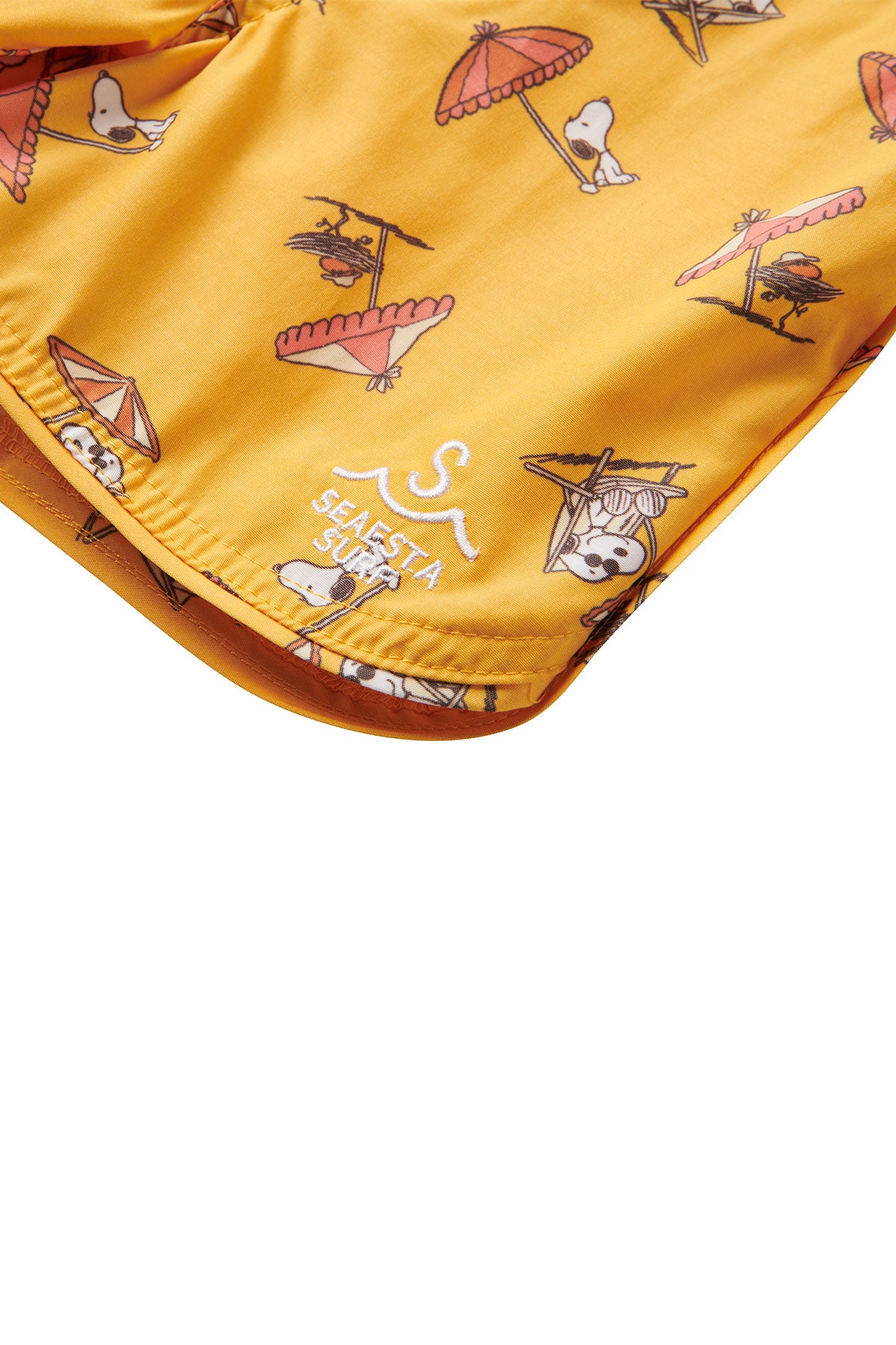 Seaesta Surf x Peanuts® Snoopy Printed Swim Trunks for Men - Mustard Yellow Quick Dry Beach Shorts for Surfing, Swimming & Summer Vacation