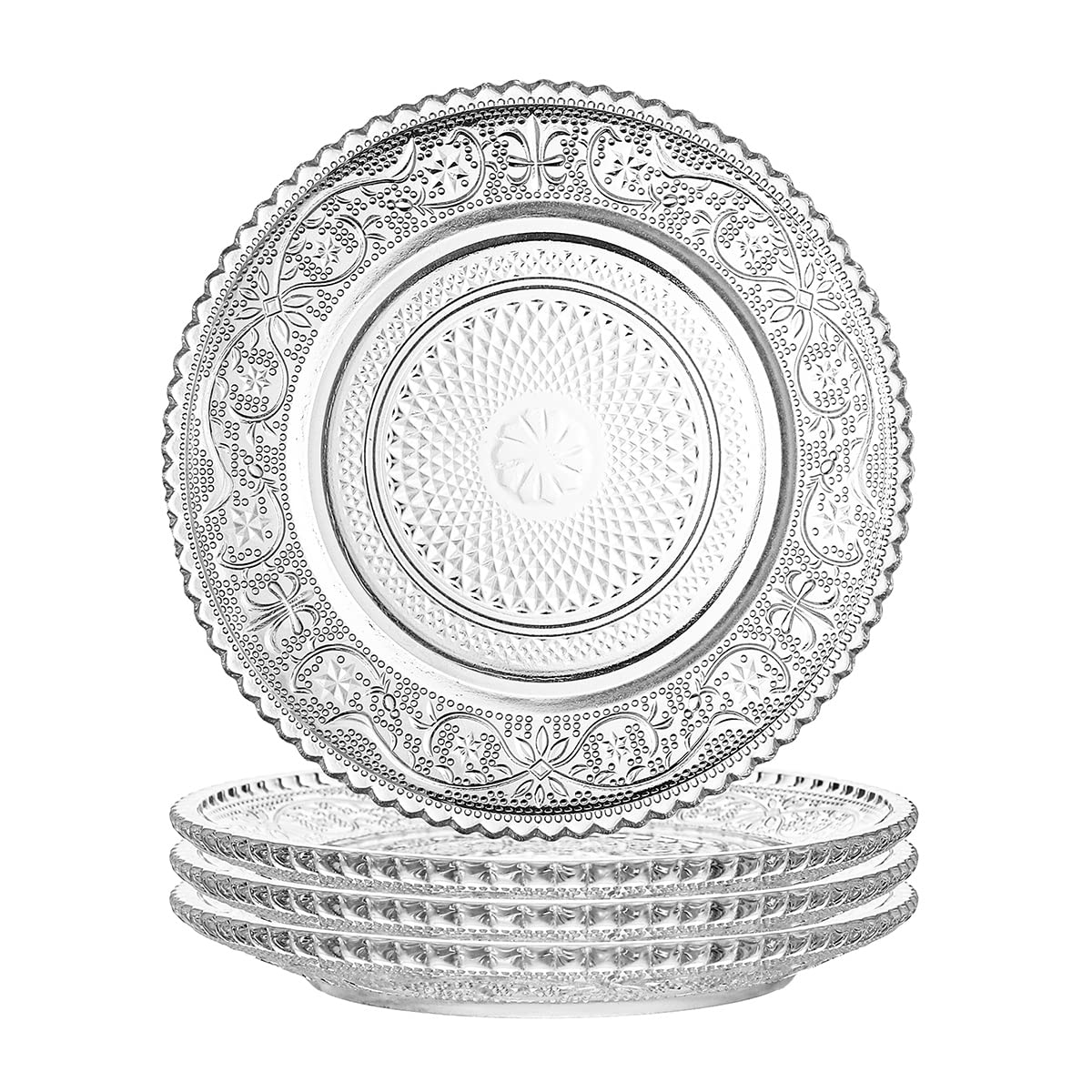 Sizikato 4-Piece Clear Glass Snack Plates with Elegant Lace Trim - 6-Inch Dessert Plates for Dried Fruits, Cakes & Candy - Perfect for Home Dining, Tea Parties & KTV Entertainment