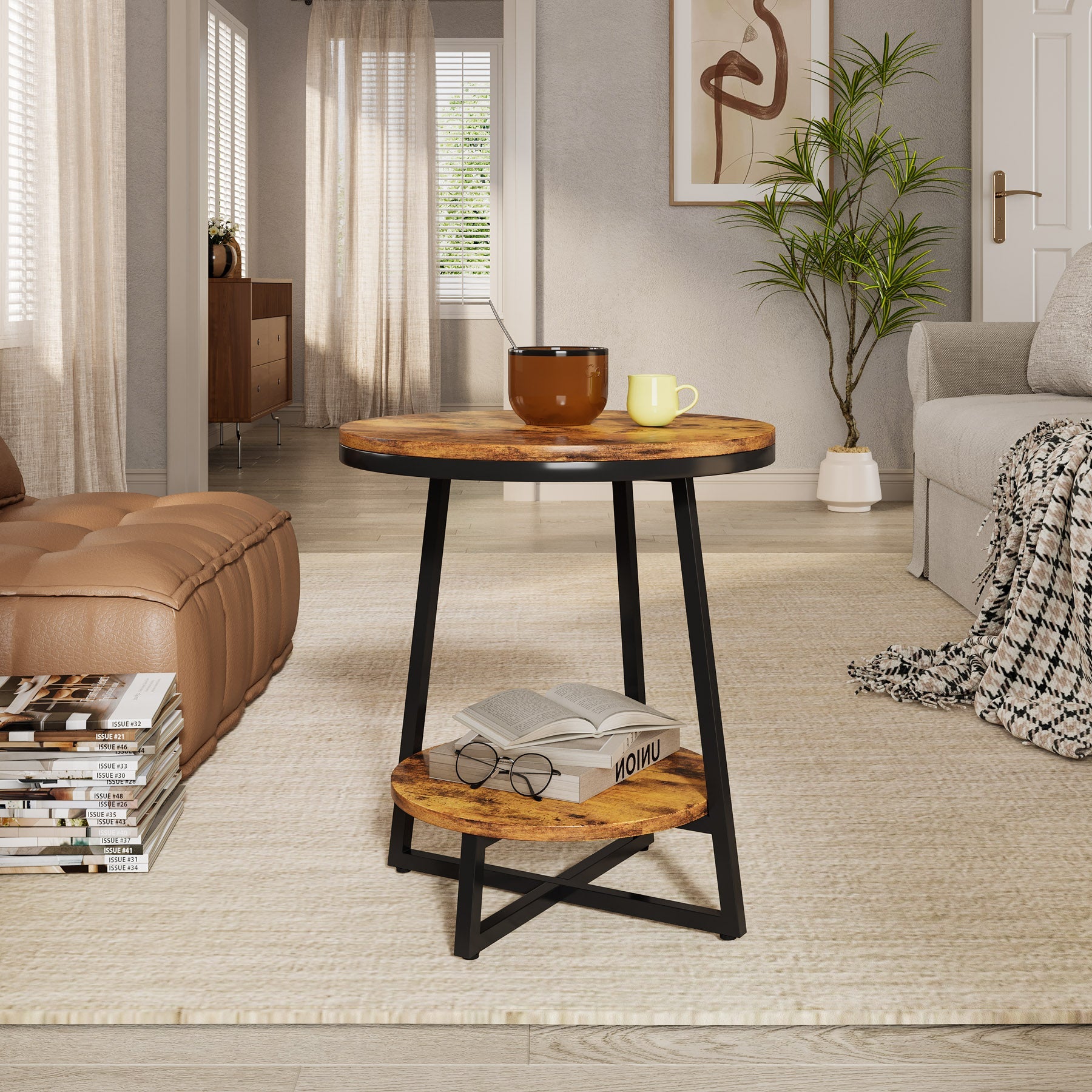 2 Tier End Table with Storage Shelf - Round Accent Bedside Nightstand for Living Room, Bedroom - Modern Side Table for Small Spaces & Home Decor