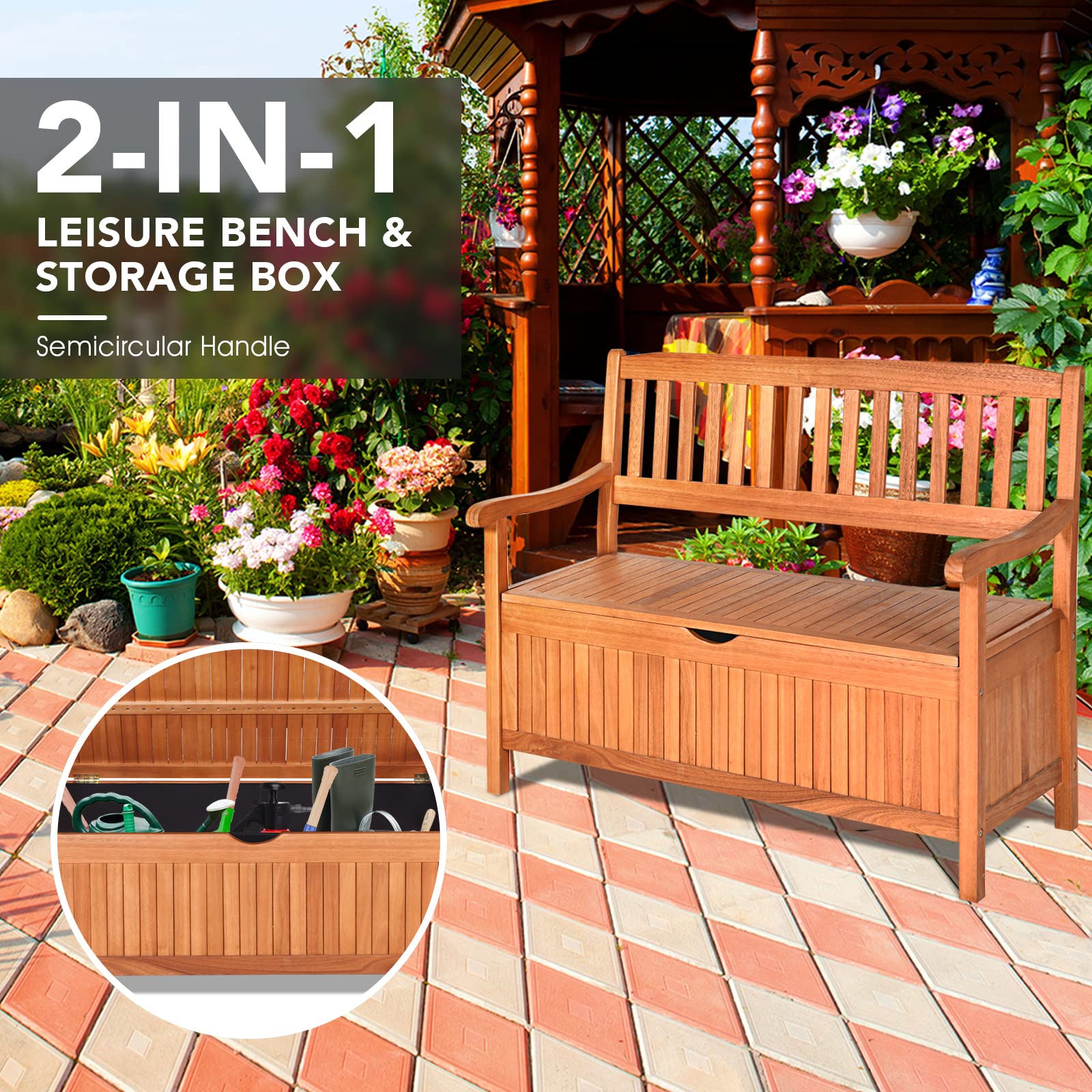 **HAPPYGRILL 33 Gal Outdoor Storage Bench - Wooden Deck Box with Removable Dustproof Liner, Multi-Functional Seating Furniture for Courtyard, Garden, Poolside & Patio**    *(Perfect for Storing Cushions, Toys, and Outdoor Essentials While Providing Extra Seating Space!)*