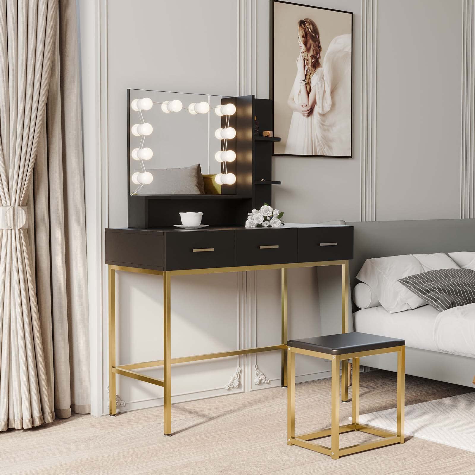 Modern Vanity Table Set with 10 LED Lights Makeup Mirror & Stool - Adjustable Brightness, 3 Storage Drawers, Black Makeup Dresser for Women Bedroom | Perfect for Daily Beauty Routine & Small Space Organization
