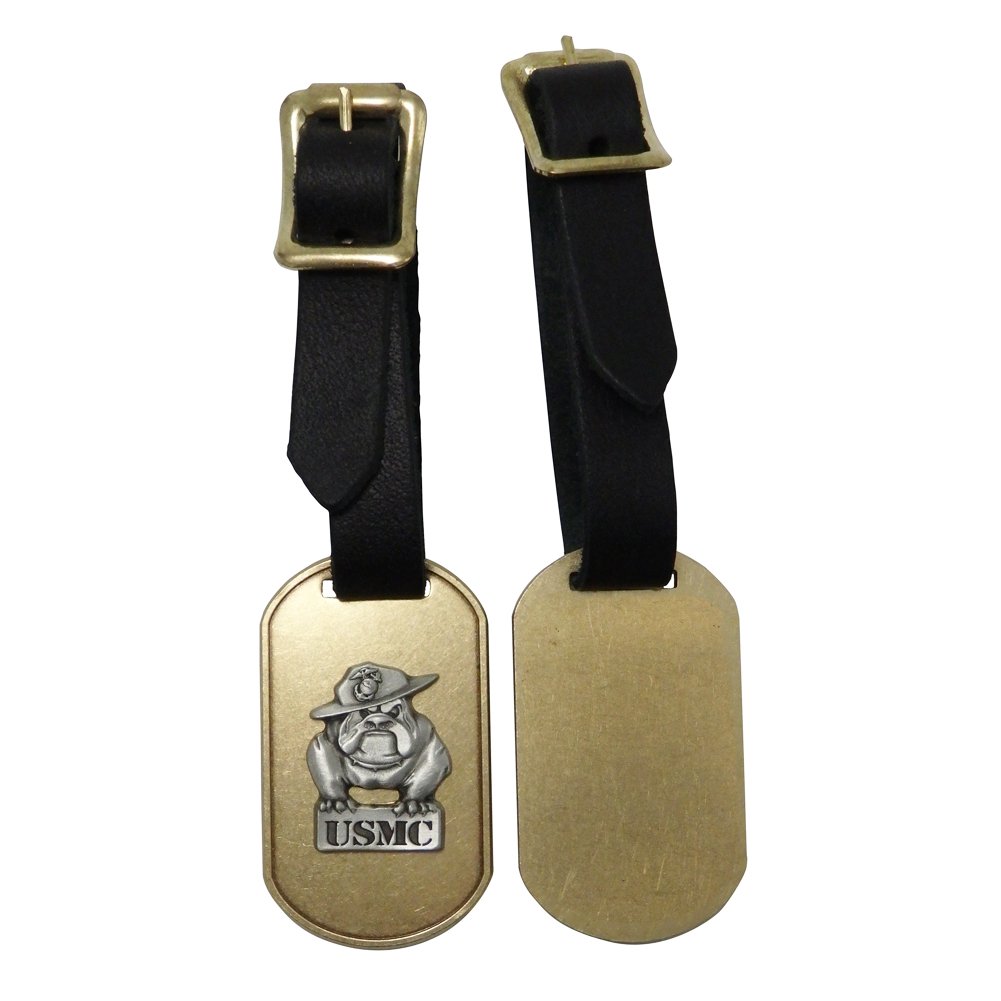US Marine Corps Brass Luggage Tag with Pewter Bulldog Emblem - Handcrafted in USA - Perfect for Military Gifts, Travel Identification & Veteran Appreciation