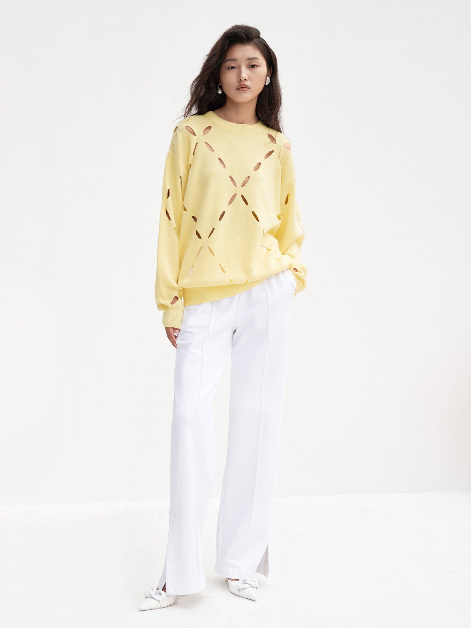 Women's Crewneck Wool Blend Openwork Sweater - Soft Knit Pullover for Fall & Winter - Perfect for Office, Date Night and Casual Outings