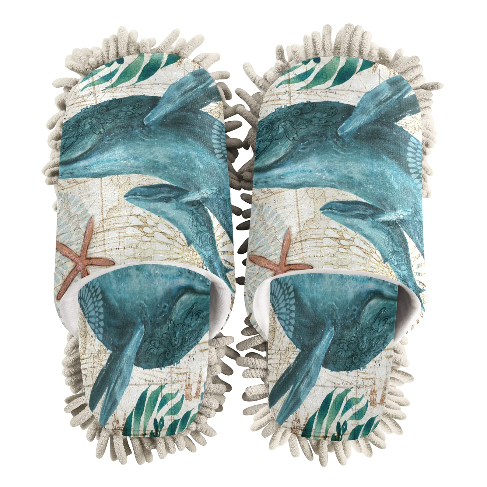 **Whale Mop Slippers for Men & Women – Sea Ocean Animal Design, Non-Slip House Cleaning Shoes for Dusting, Spa & Home Use – Starfish & Marine Life Theme**    *(Ideal for cleaning floors, relaxing at home, or fun spa days!)*
