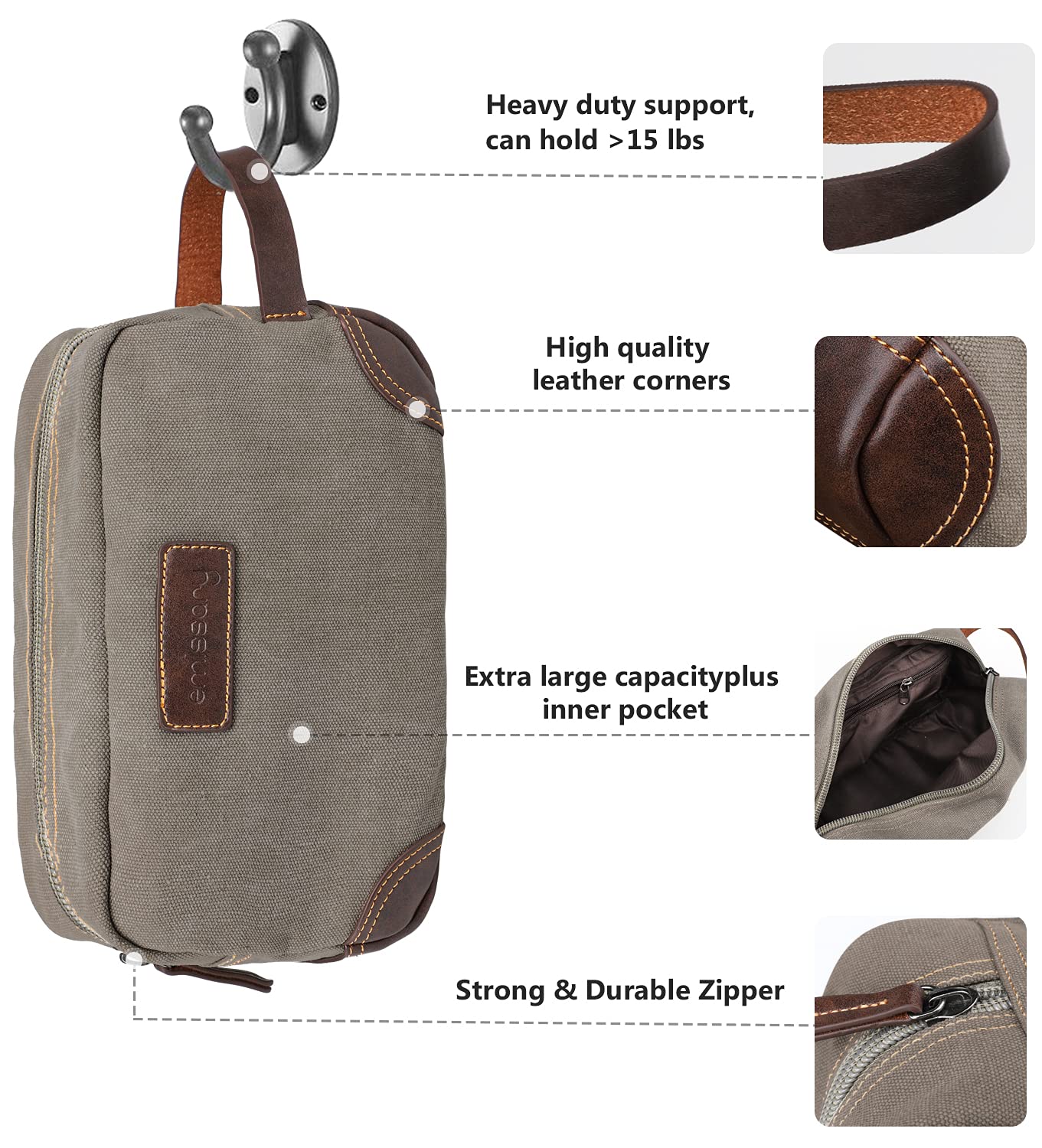 Emissary Men's Travel Toiletry Bag - Waterproof Dopp Kit for Men with Hanging Hook, Compact Shaving & Bathroom Organizer for Business Trips & Vacations (Light Gray) | Perfect for Gym, Camping & Air Travel