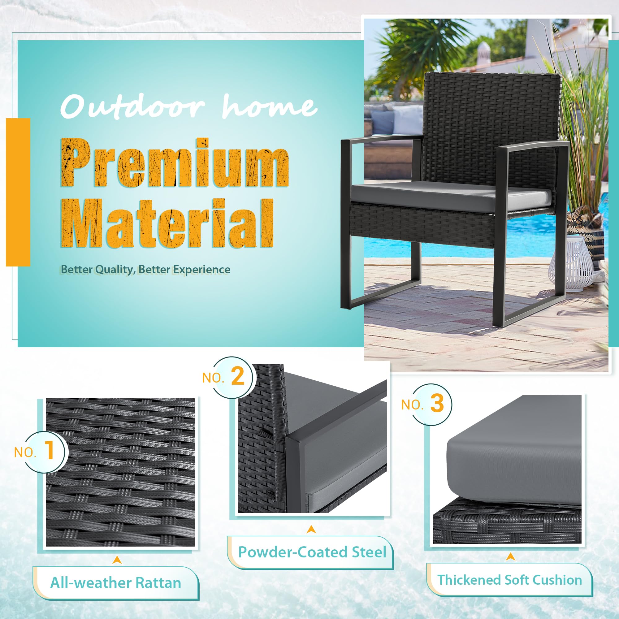 Flamaker 3-Piece Patio Set - Modern Outdoor Wicker Furniture with Rattan Chairs & Coffee Table - Grey Bistro Conversation Set for Backyard, Garden, or Balcony Relaxation